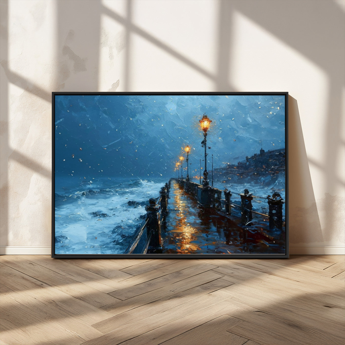 MGV-FC-36X24 - Stormy Night at Beach Pier Oil Painting Large Wall Art Print, Framed Canvas Nature Wall Decor,