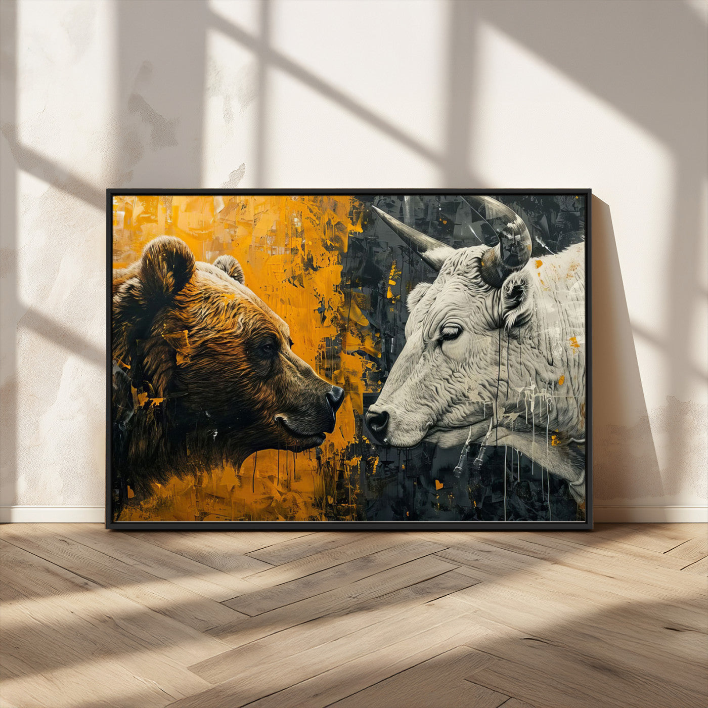 MGV-FC-36X24 - Bear and Bull Wall Art Canvas Print – Abstract Animal Portrait Painting for Modern Home Decor –