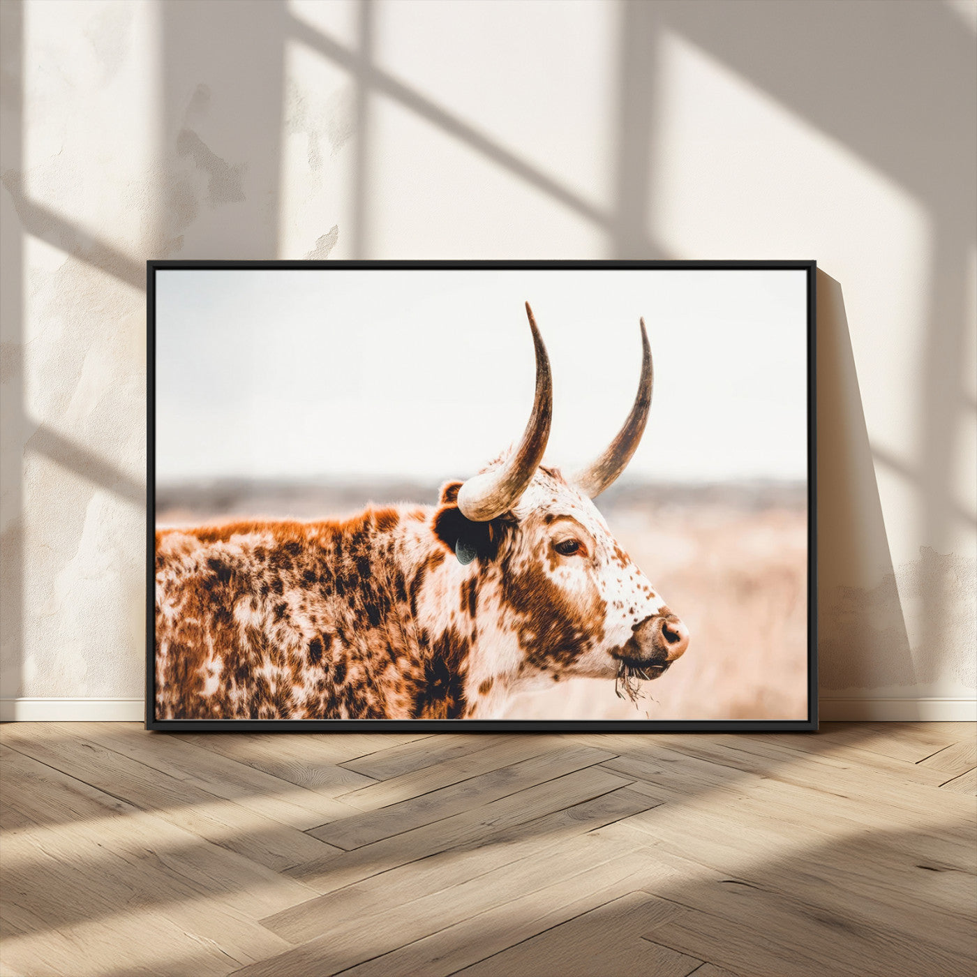 -Speckled Bull Wall Art Canvas Print – Rustic Cow Longhorn Farmhouse Animal Decor – Western Longhorn