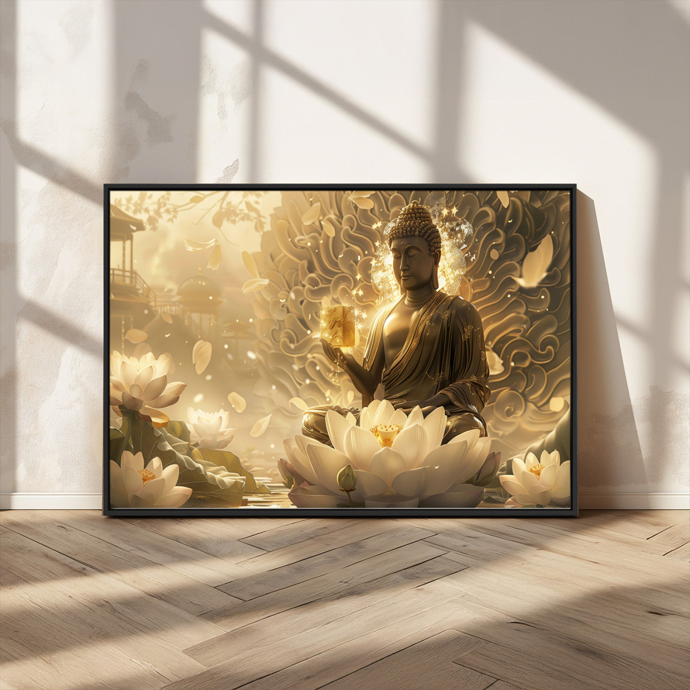 MGV-FC-36X24 - Golden Buddha Wall Art | Yoga Room Decor and Meditation Room Wall Art | Framed and Ready to Hang