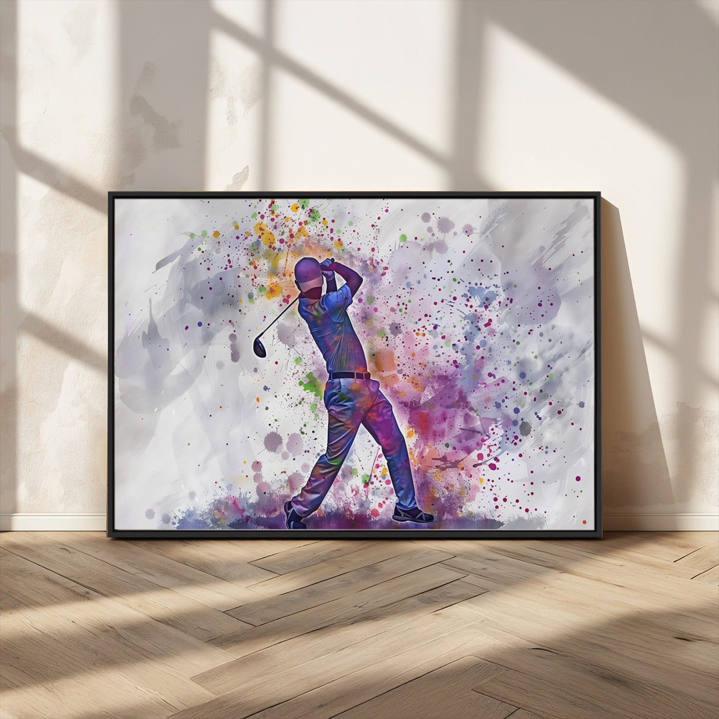 MGV-FC-36X24 - Watercolor Golf Swing Wall Art Canvas Print | Vibrant Abstract Golf Player Silhouette |