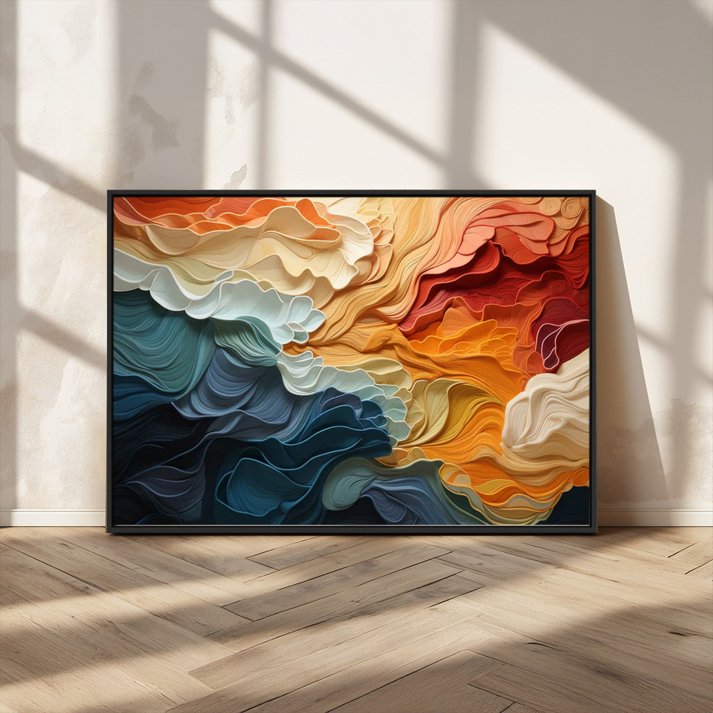 MGV-FC-36X24 - Blue Orange Abstract Wave Wall Art Canvas Print, Framed Blue Orange Wave Wall Art