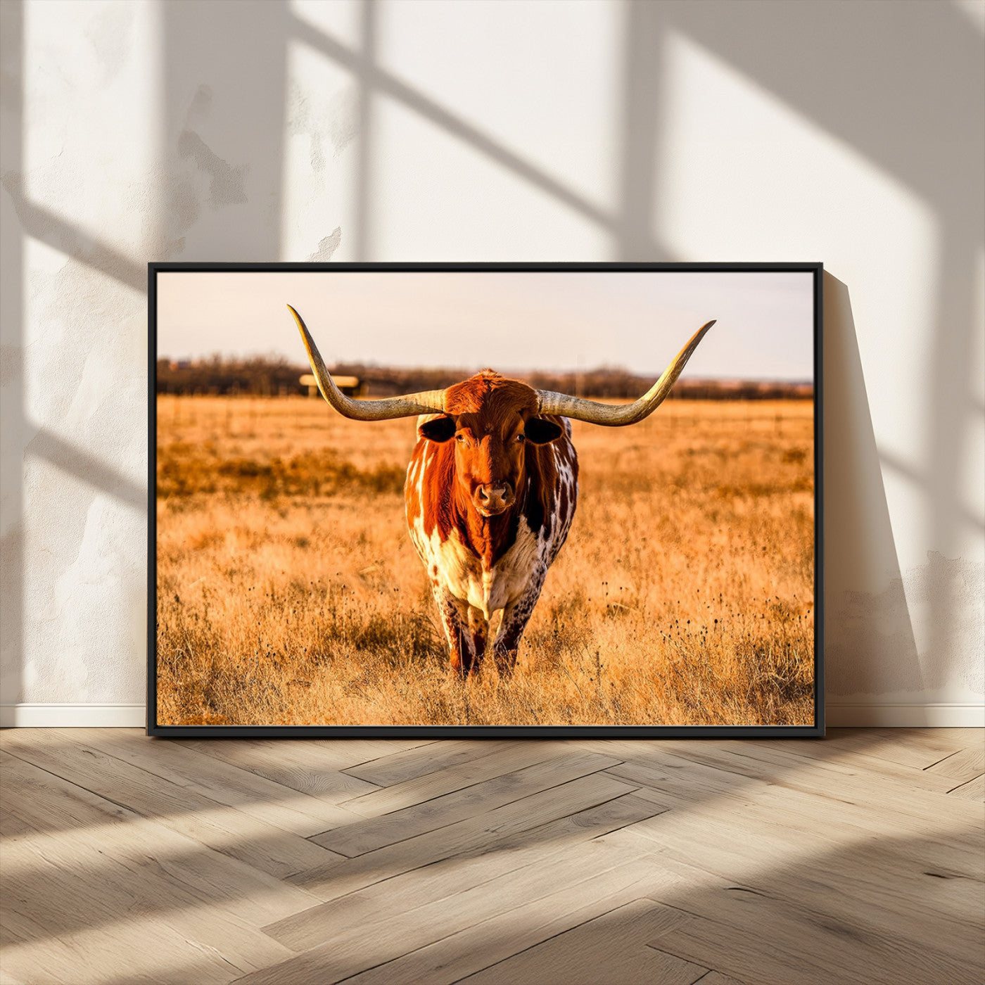 MGV-FC-36X24 - Longhorn Cow Wall Art | Ready to Hang Framed Canvas Print for Farmhouse and Barn Decor