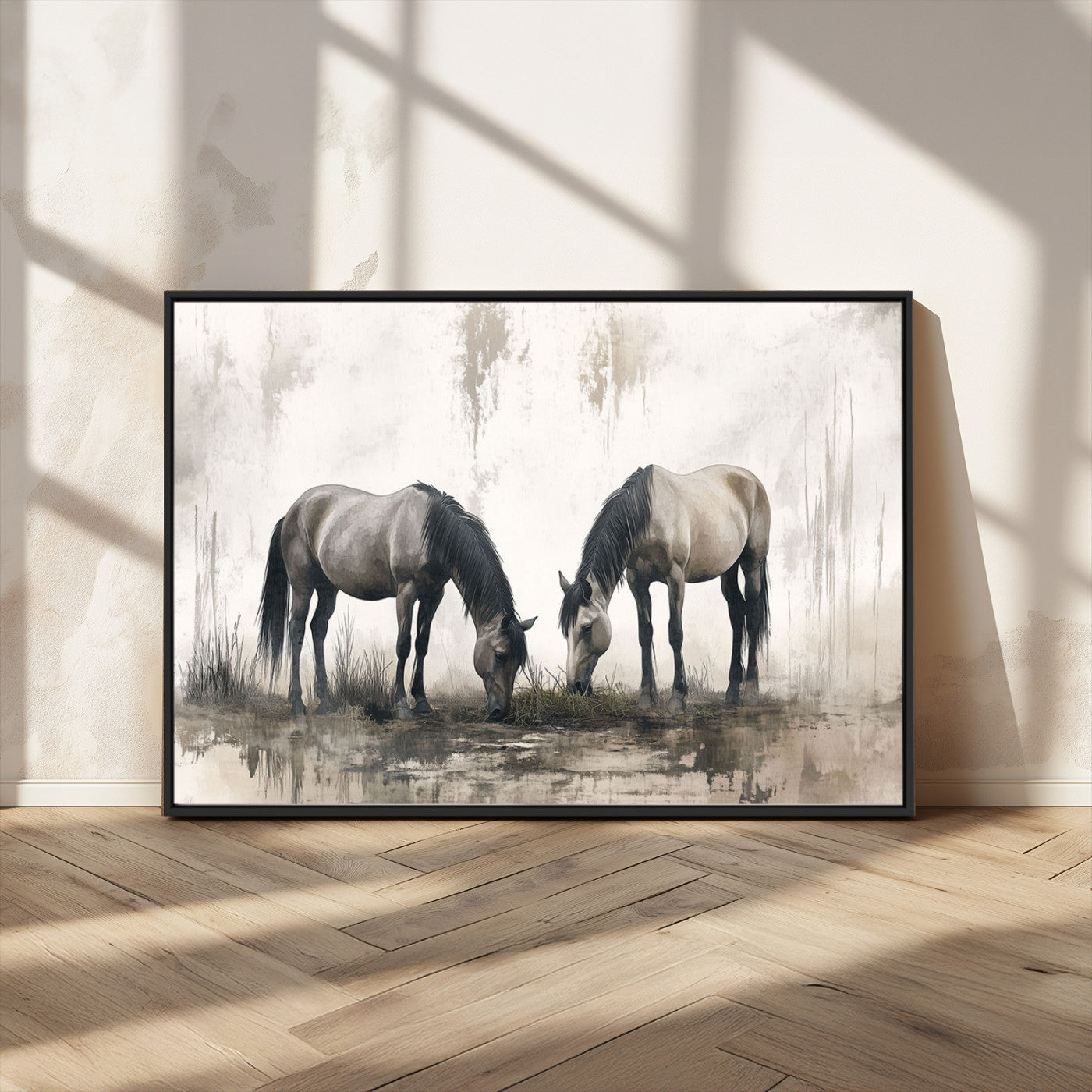 MGV-FC-36X24 - Chines Ink Style Vintage Horses Wall Art Canvas Print for Farmhouse Wall Decor