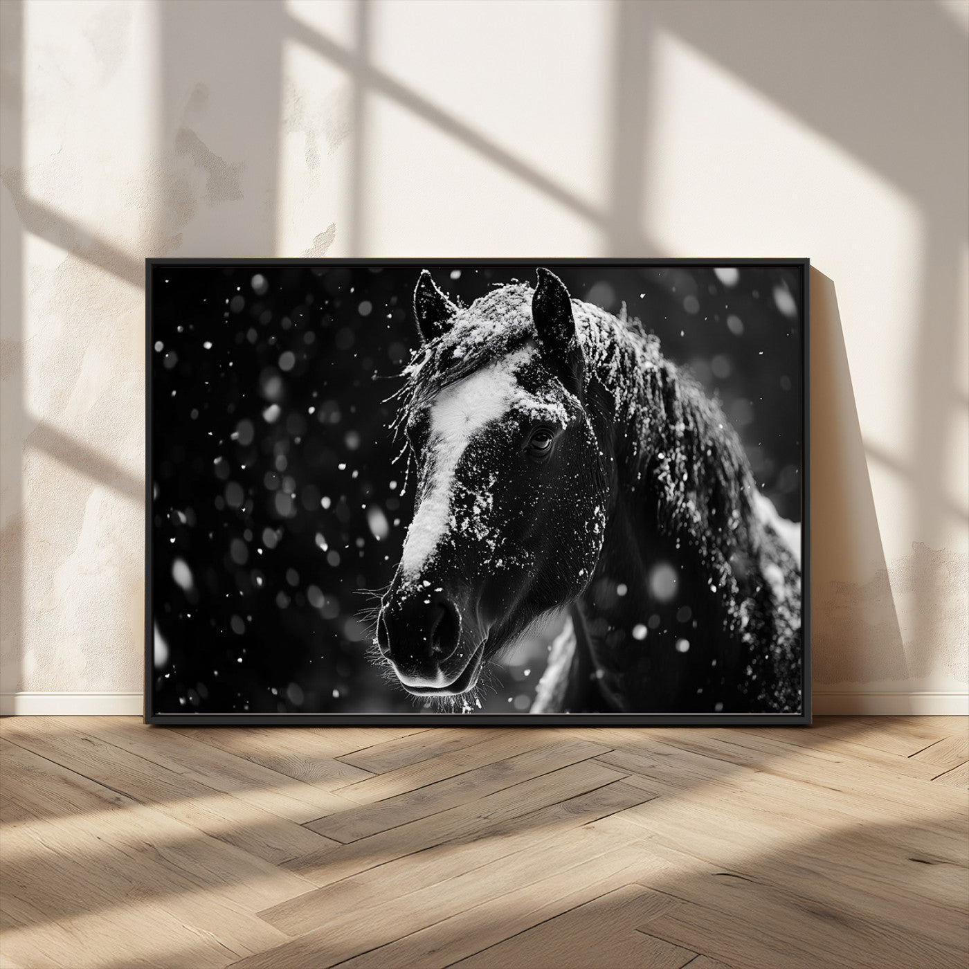 MGV-FC-36X24 - Winter Horse Wall Art | Black and White Horse Print | Ready to Hang and Framed | Farmhouse Wall Art