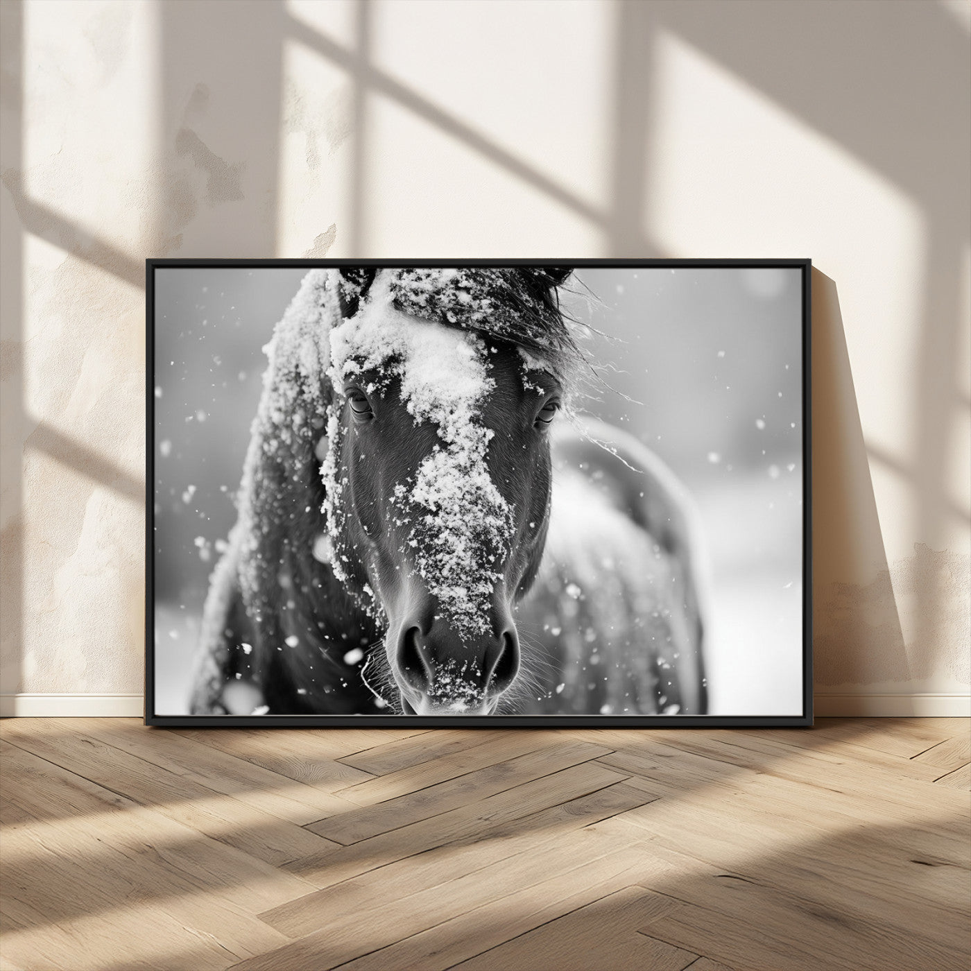 MGV-FC-36X24 - Black and White Horse Winter Wall Art | Ready to Hang and Framed | Farmhouse Wall Decor | Western