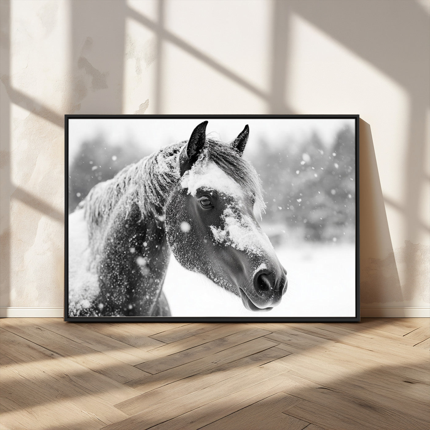 MGV-FC-36X24 - Black Horse Winter Wall Art | Ready to Hang and Framed | Farmhouse and Western Wall Decor for Living