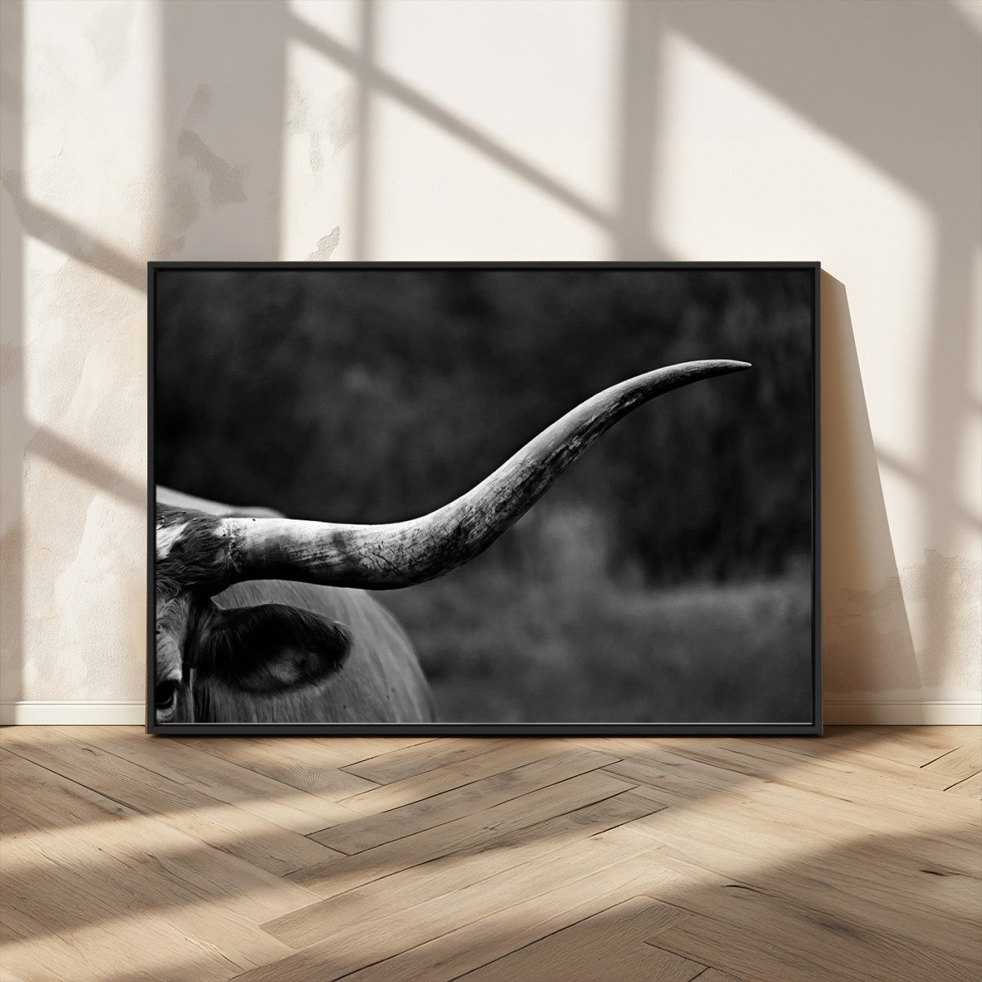MGV-FC-36X24 - Cow Longhorn Wall Art | Black and White Print | Ready to Hang and Framed | Farmhouse Wall Decor |