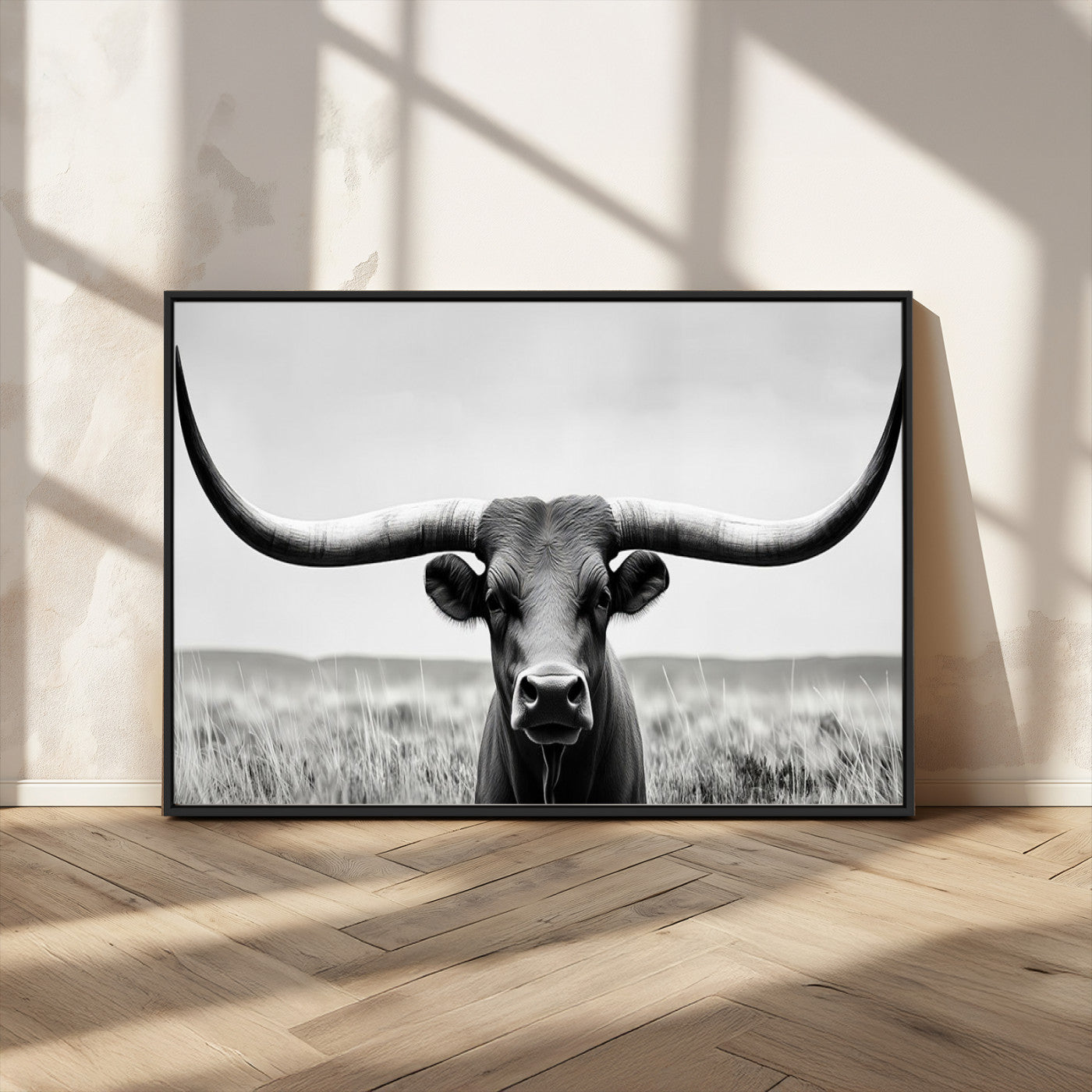 -Longhorn Bull Canvas Print | Rustic Farmhouse Wall Art | Western Decor | Ready to Hang and Framed