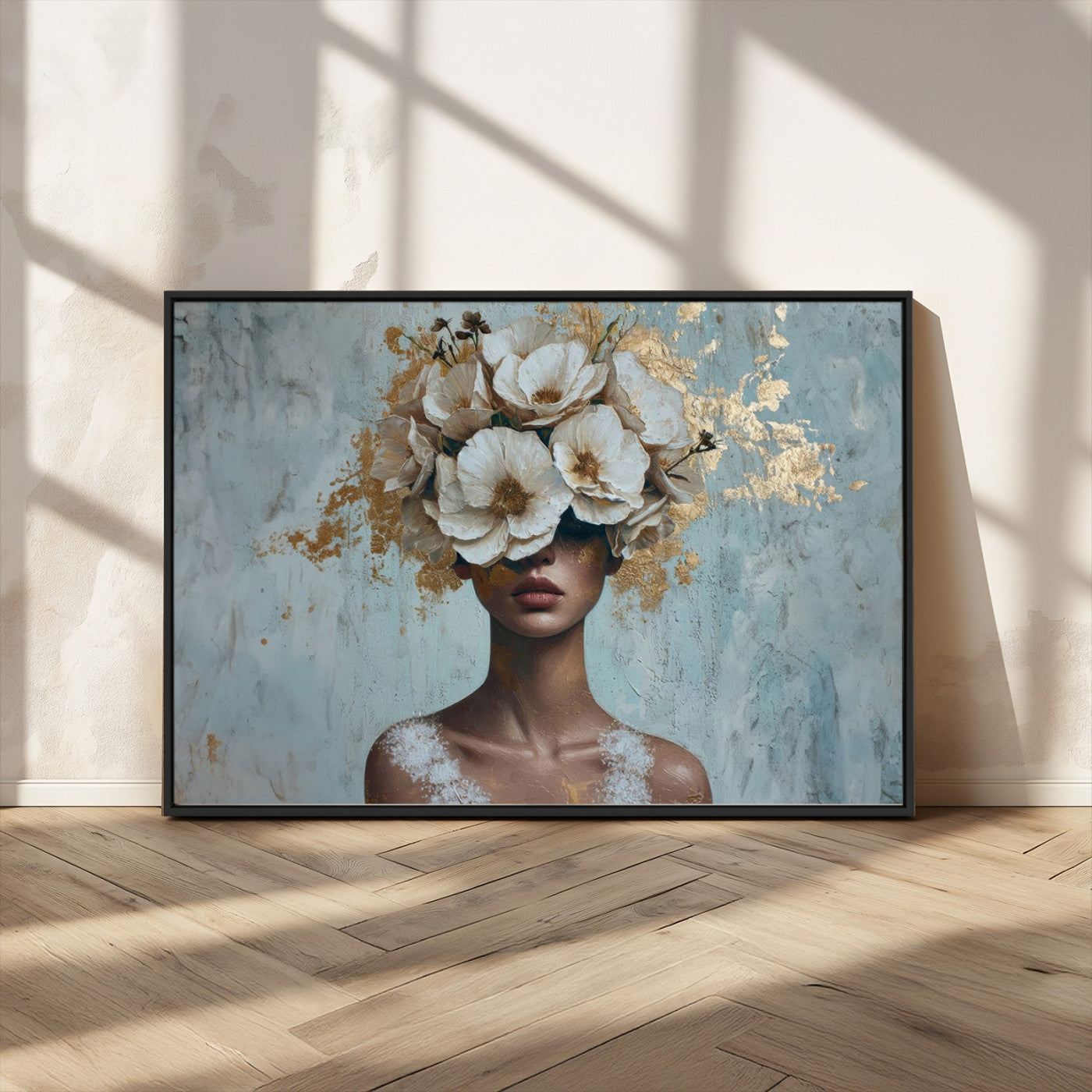 MGV-FC-36X24 - Golden Petal Wall Art - Petal Silhouette Woman Wall Art Canvas Print | Large 3-Panel Canvas with