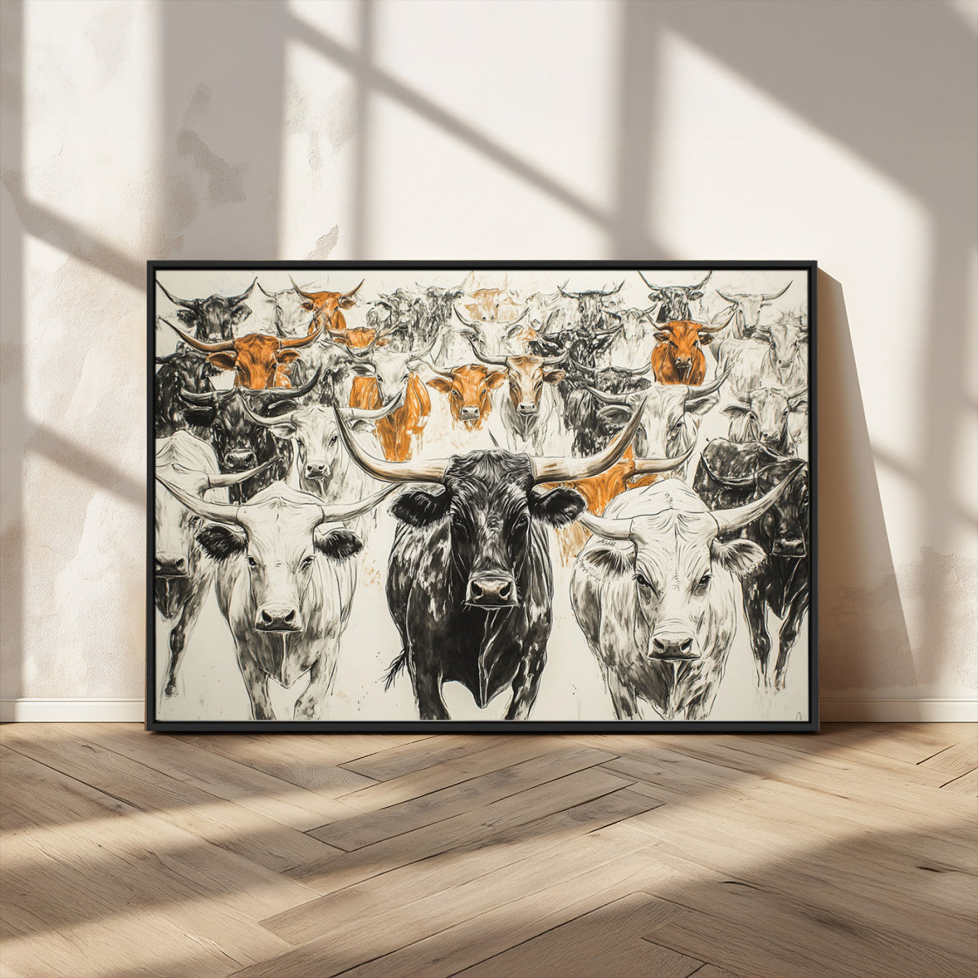 MGV-FC-36X24 - Texas Longhorn Wall Art - Herd Canvas Wall Art Print - Abstract Cow Drawing Wall Art Print for