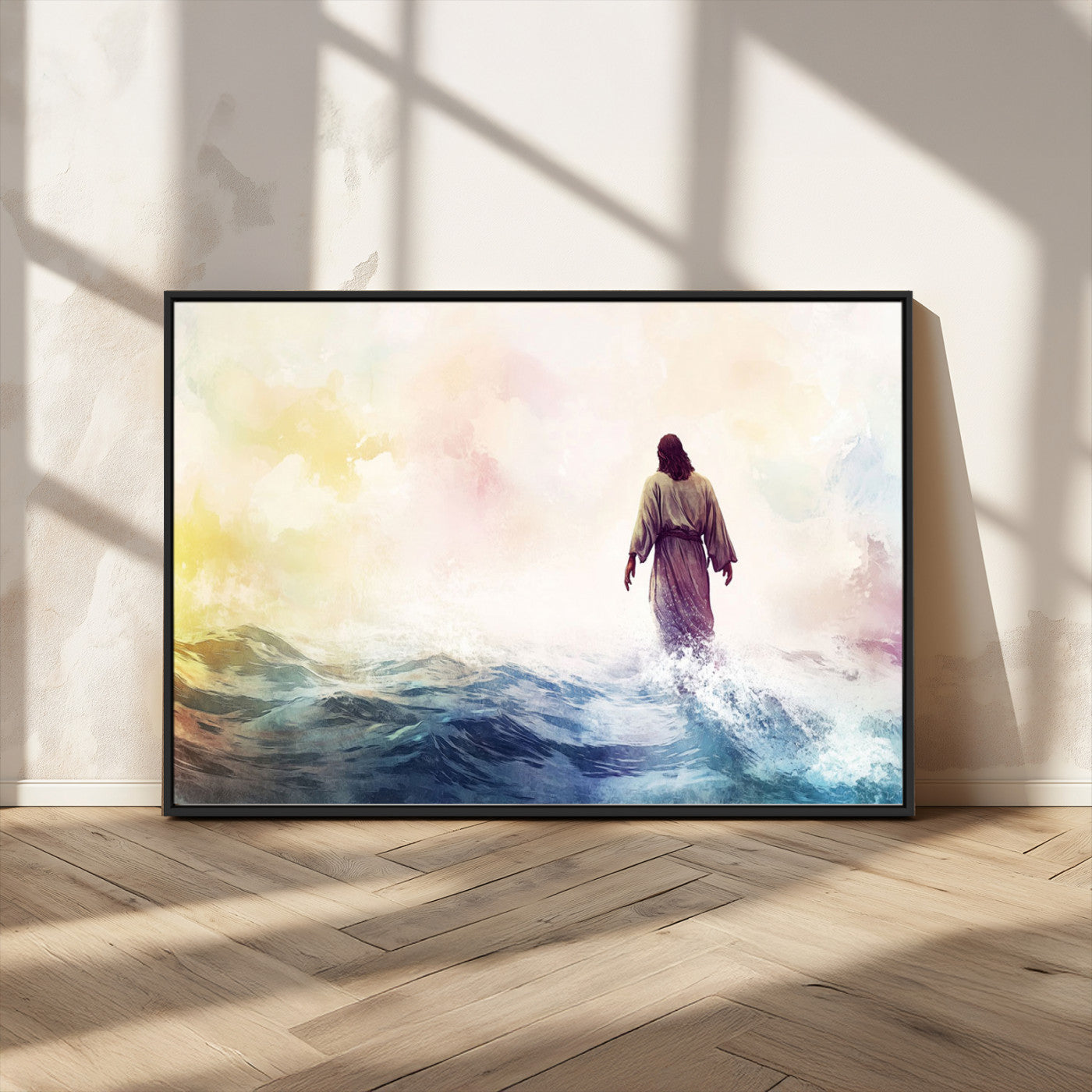 MGV-FC-36X24 - Watercolor Jesus Walking on Water Canvas Print, Christian Wall Art, Jesus Christ Walking