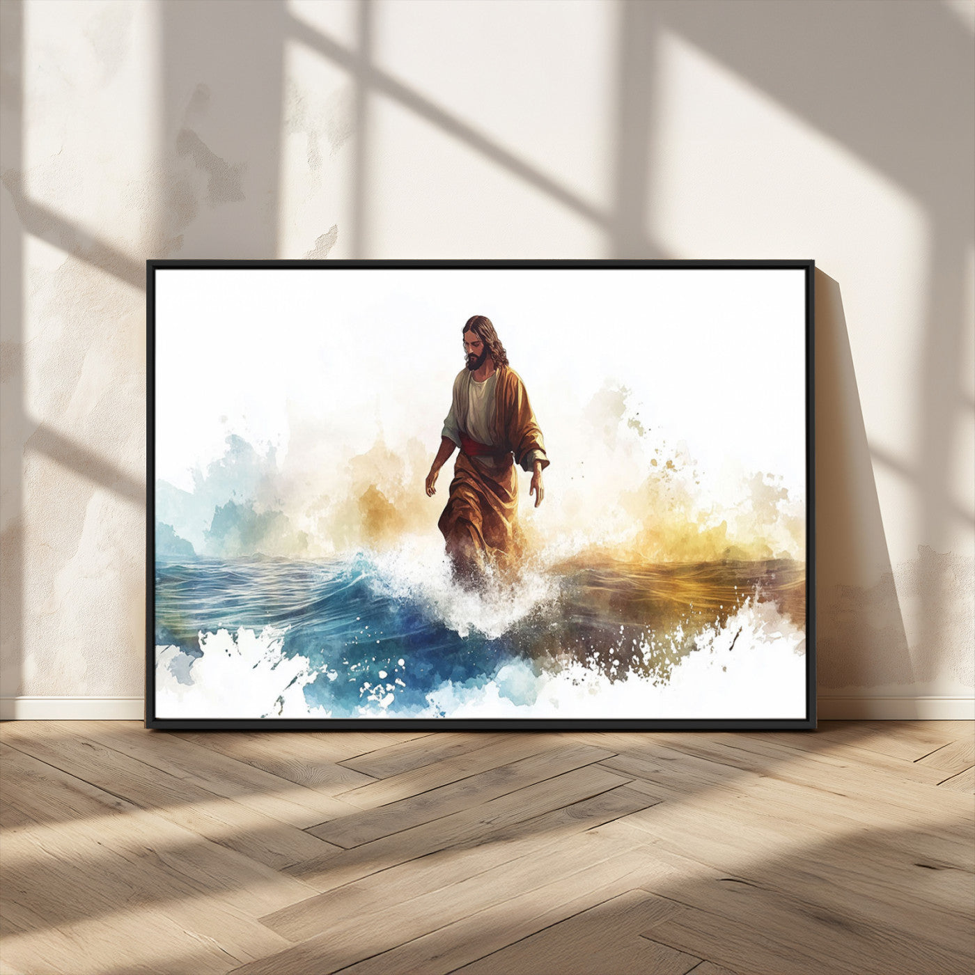 MGV-FC-36X24 - Watercolor Jesus Walking Wall Art Print, Jesus Water Canvas Print, Christian Wall Art, Jesus Christ