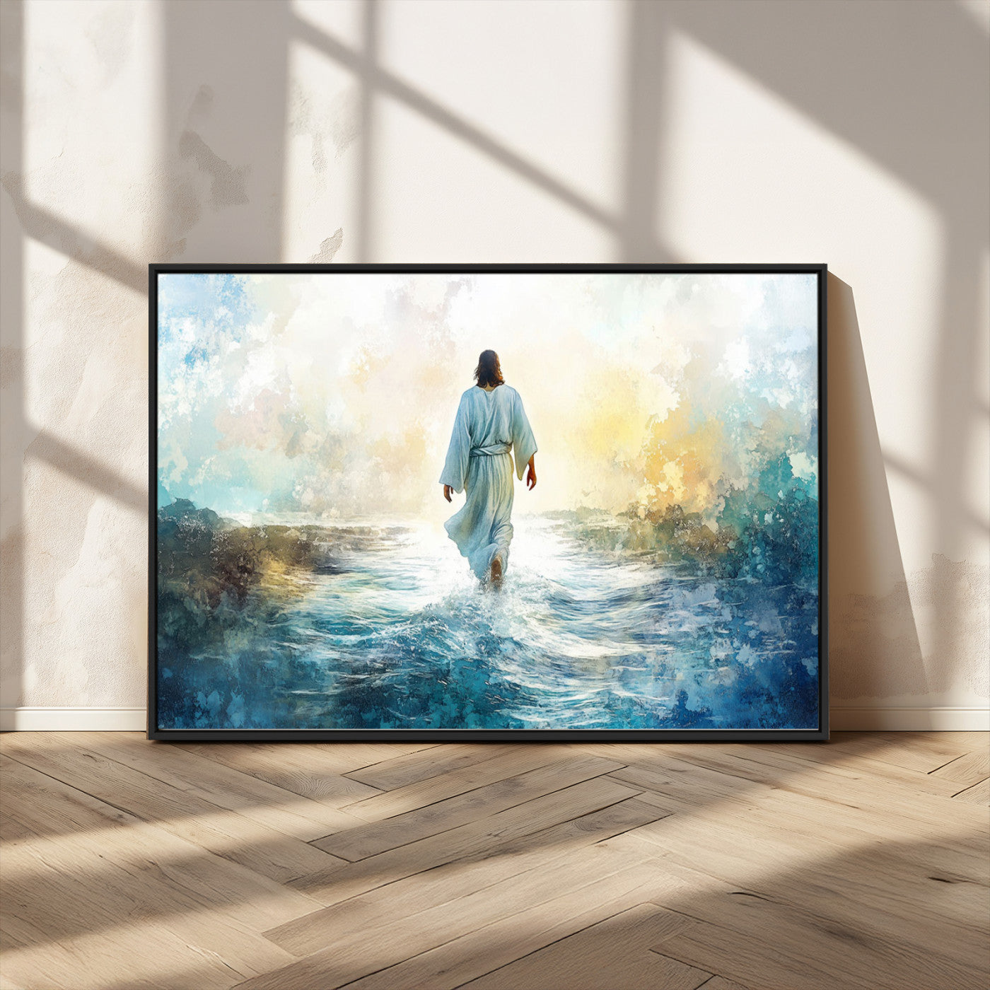 MGV-FC-36X24 - Watercolor Jesus Walking on Water Canvas Print, Christian Wall Art, Jesus Christ Walking