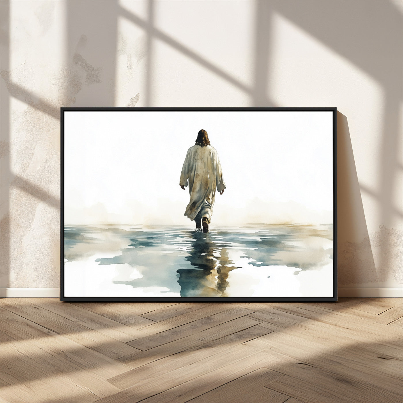 MGV-FC-36X24 - Watercolor Jesus Walking on Water Canvas Print, Christian Wall Art, Jesus Christ Walking