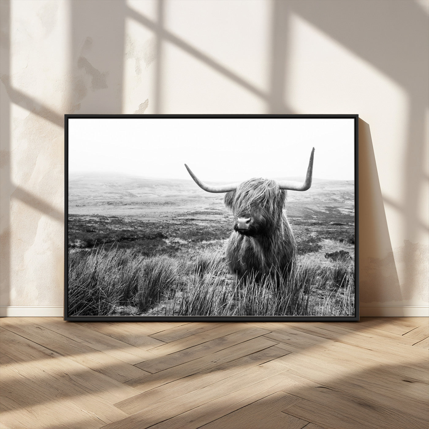 MGV-FC-36X24 - Scottish Highland Cow Wall Art | Black and White Canvas Print | Ready to Hang and Framed | Rustic