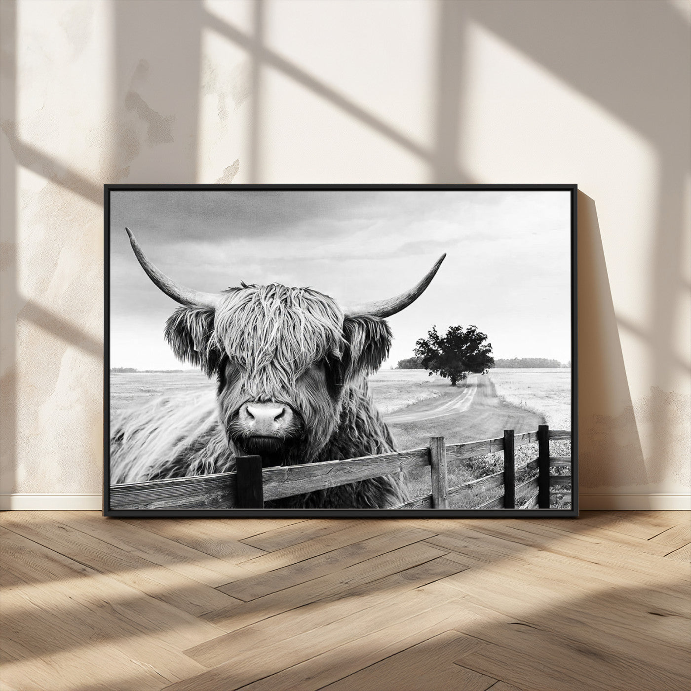 MGV-FC-36X24 - Scottish Highland Cow Wall Art | Rustic Farmhouse Décor | Black and White Ready to Hang Canvas Print