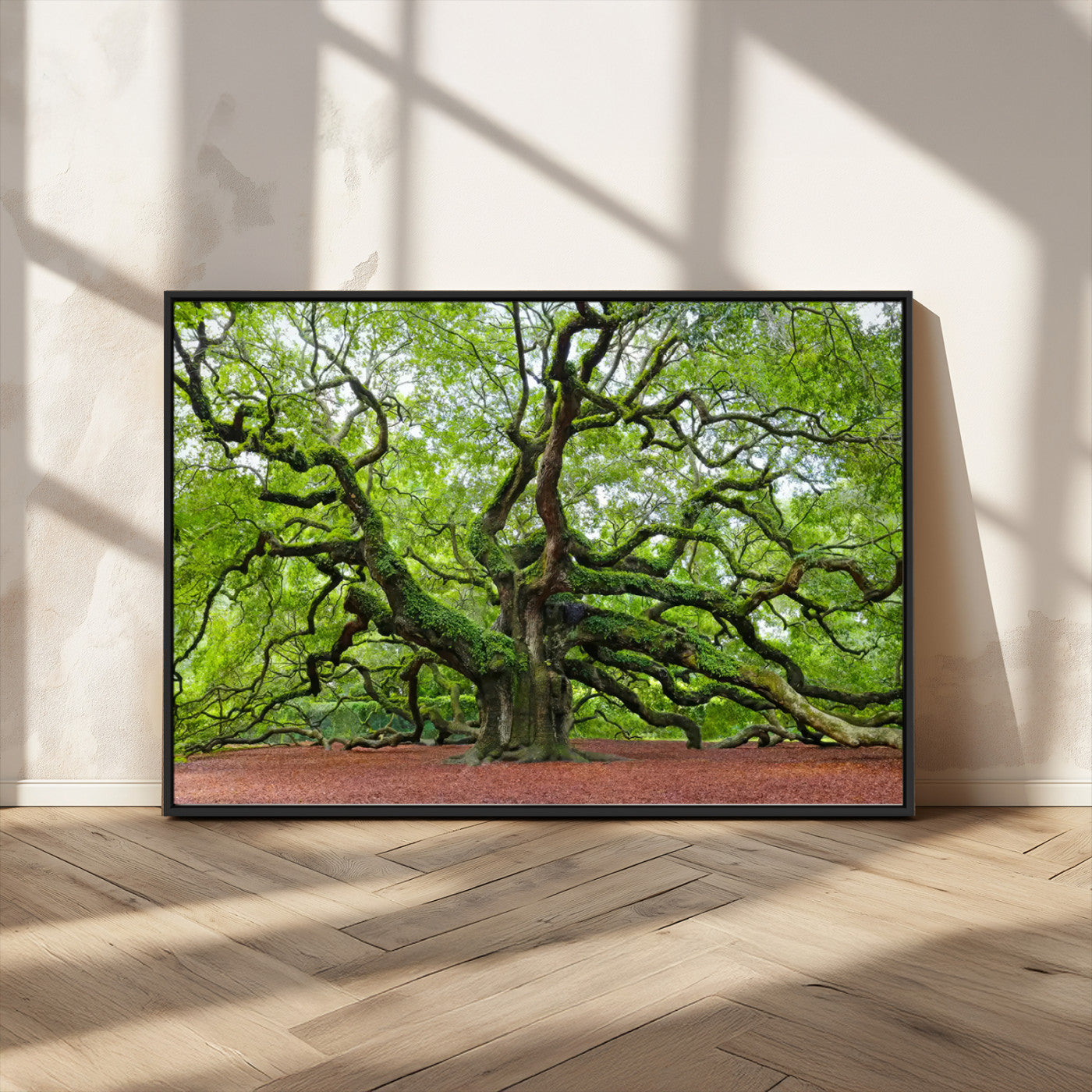 MGV-FC-36X24 - Framed Angel Oak Tree Wall Art - 3-Panel Canvas Prints, Large Green Nature Artwork, Ready to Hang