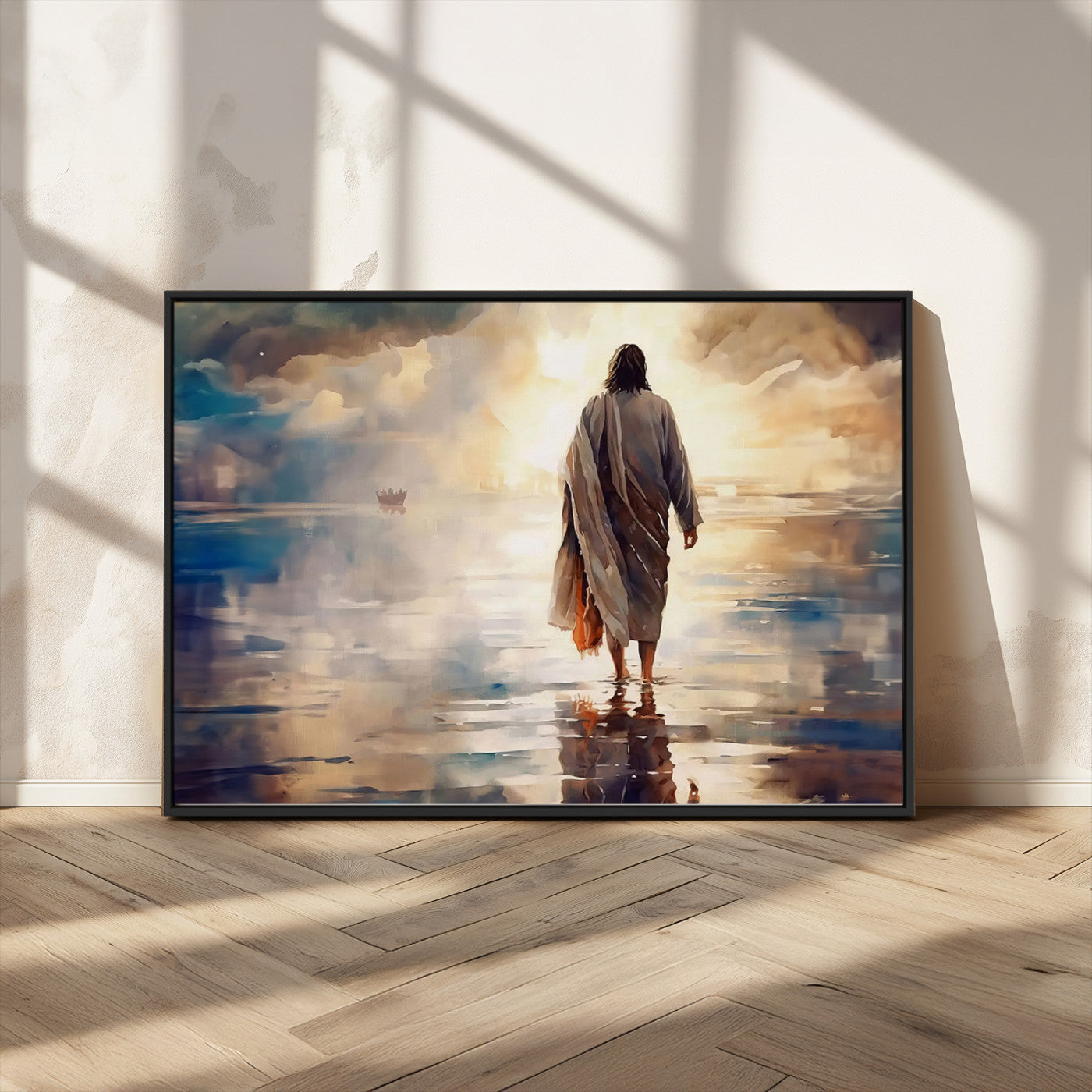 MGV-FC-36X24 - Jesus Walking on Water Wall Art | Ready to Hang Spiritual Triptych Canvas Print | Inspirational