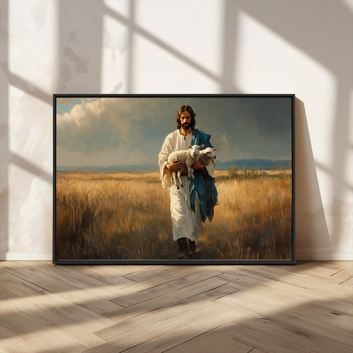 MGV-FC-36X24 - Jesus Shepherd Wall Art | Ready to Hang Triptych Canvas of Jesus Holding a Lamb in a Field |