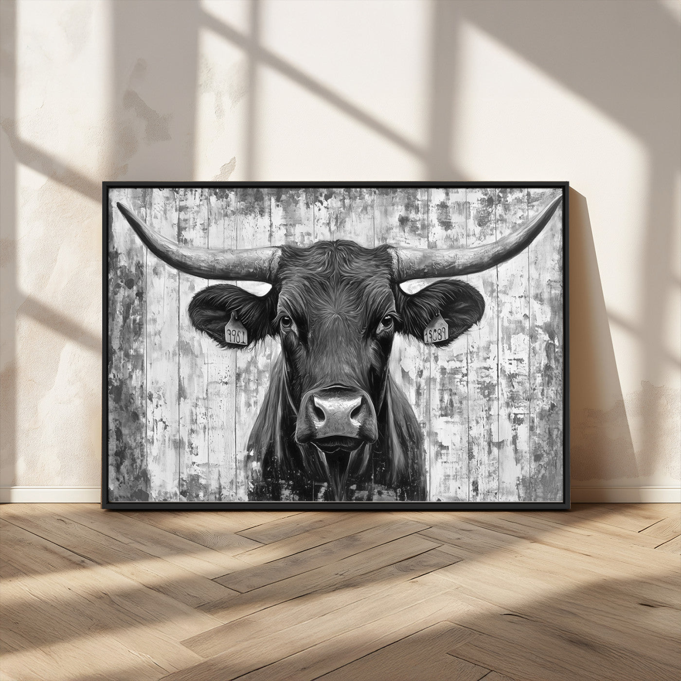 MGV-FC-36X24 - Abstract Longhorn Bull Wall Art Canvas Print - Rustic Texas Western Cow Artwork