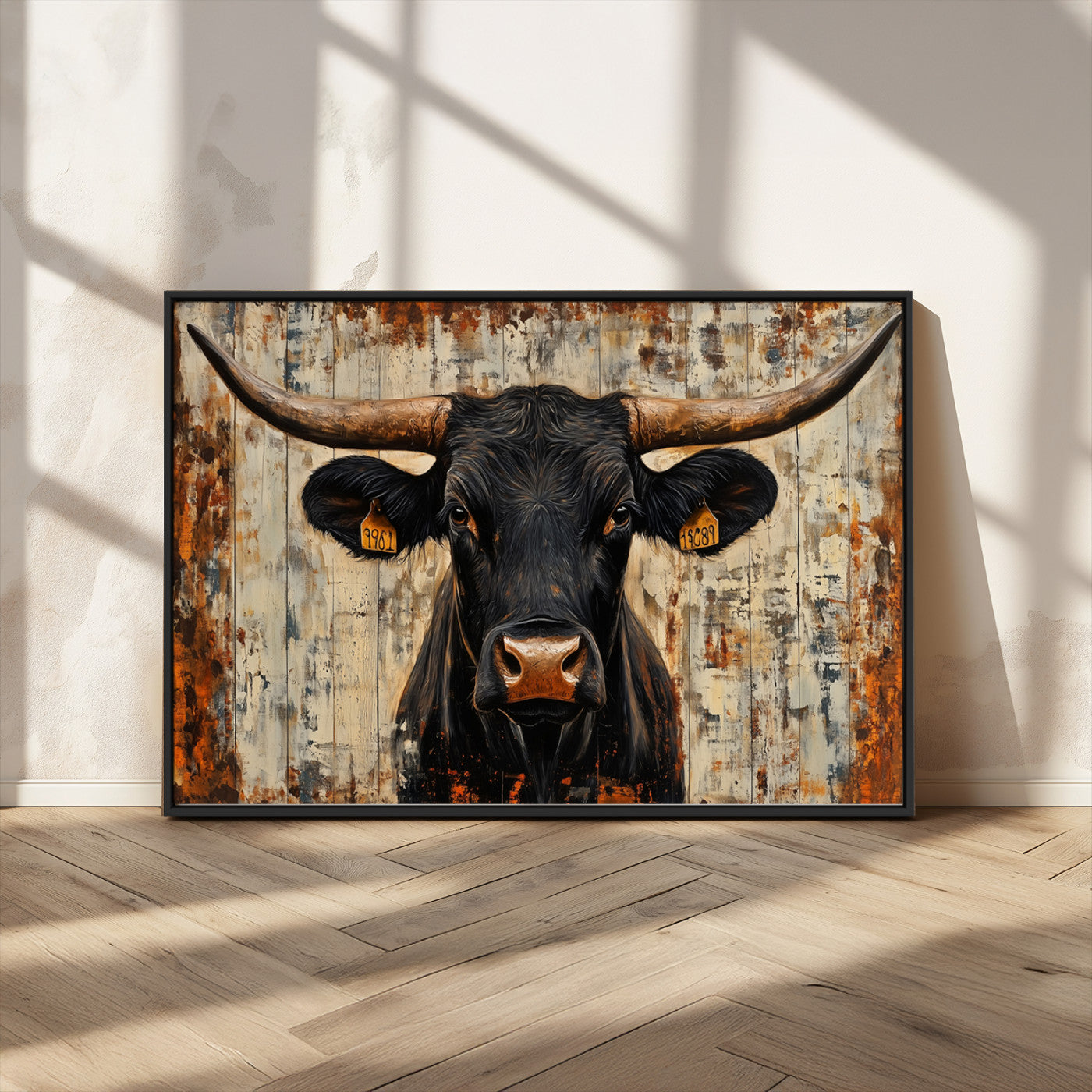 MGV-FC-36X24 - Rustic Texas Artwork Wall Art Canvas Print - Abstract Cow Longhorn Bull Wall Art Canvas Print