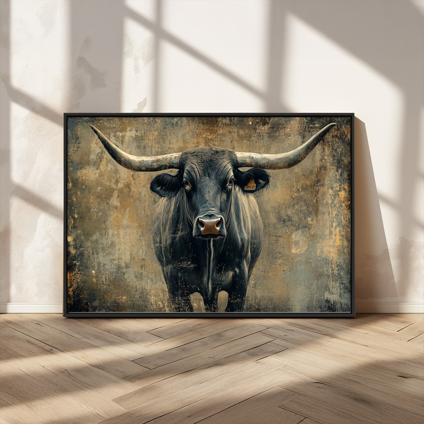 MGV-FC-36X24 - Longhorn Bull Wall Art Canvas Print, Framed Rustic Cow Art Picture Print, Texas Longhorn Perfect Western Decor Artwork