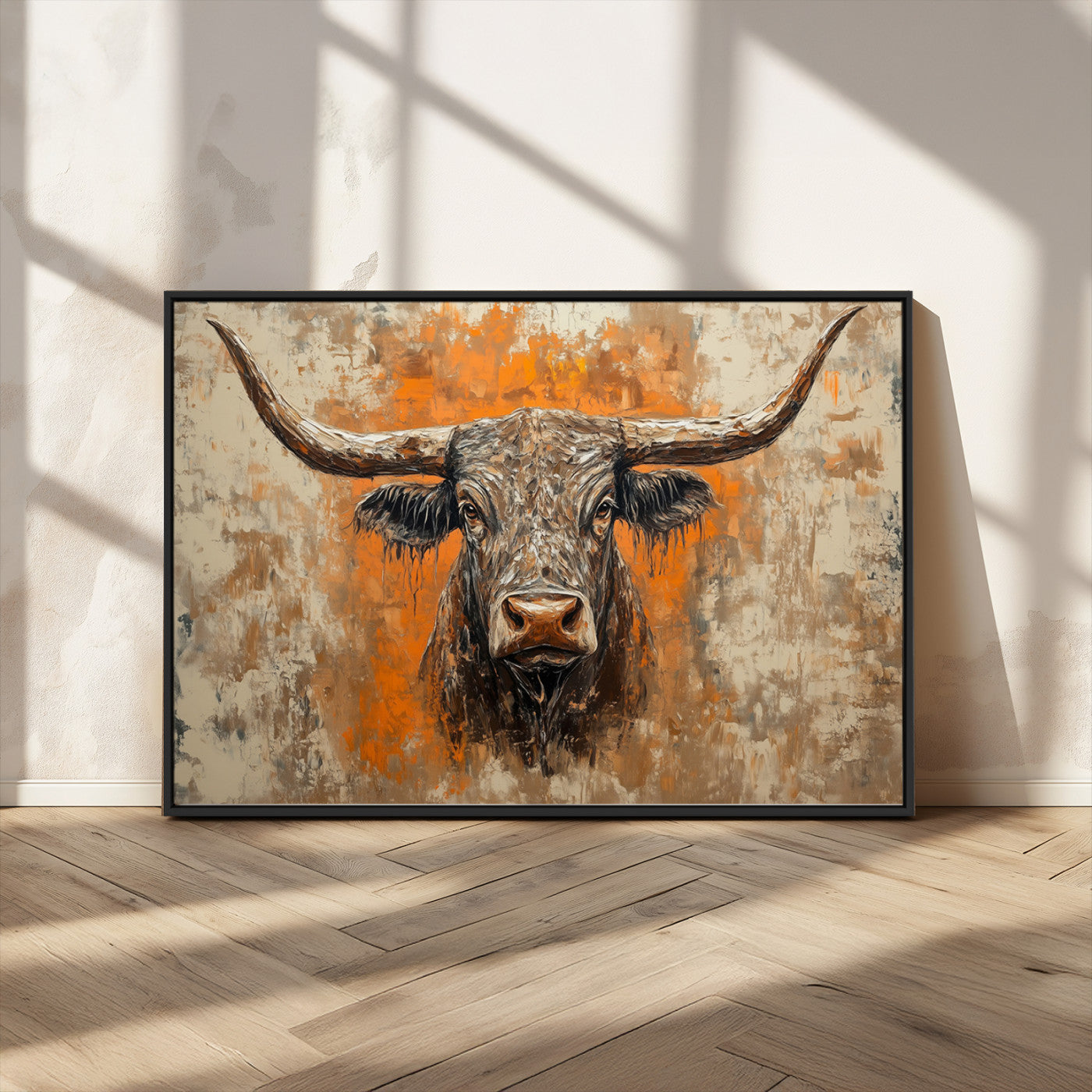 MGV-FC-36X24 - Abstract Cow Longhorn Bull Wall Art Canvas Print - Rustic Texas Western Cattle Artwork