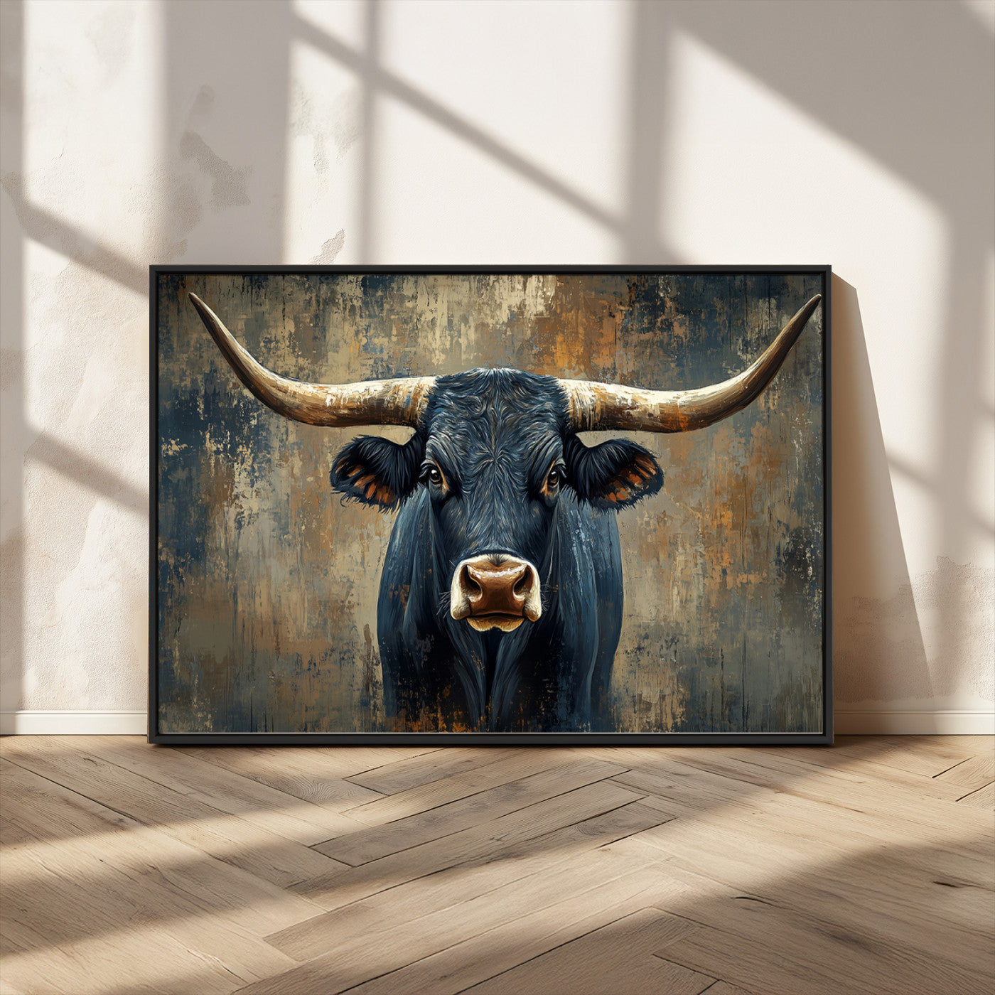 MGV-FC-36X24 - Texas Western Wall Art Canvas Print - Abstract Cow Longhorn Bull Wall Art Canvas Print - Rustic Cow