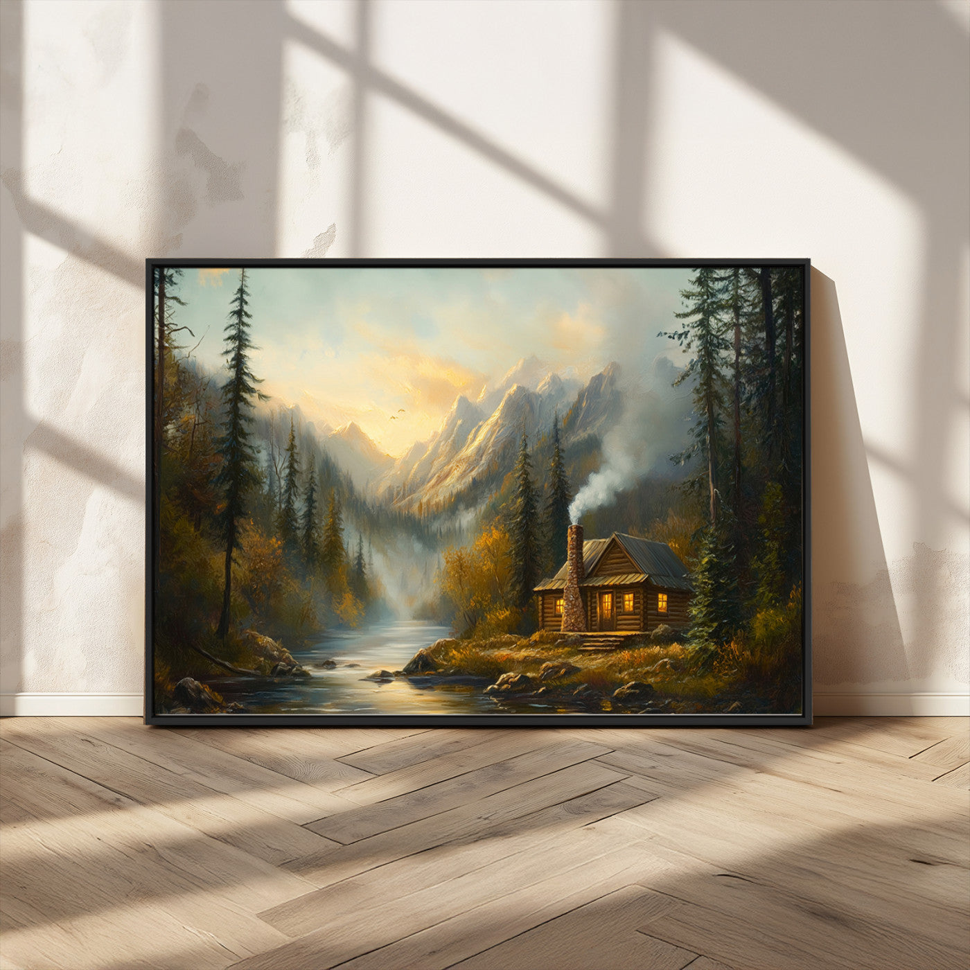 MGV-FC-36X24 - Wood Cabin Retreat Mountain at Sunset Wall Art Print - Serene Forest and River Landscape Wall Art