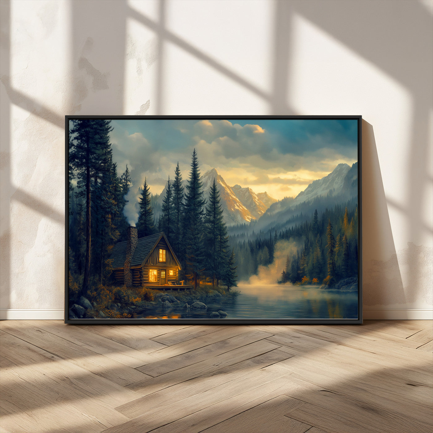 MGV-FC-36X24 - Mountain Cabin by the Lake at Sunset Wall Art - Serene Nature Canvas Print for Living Room Decor,