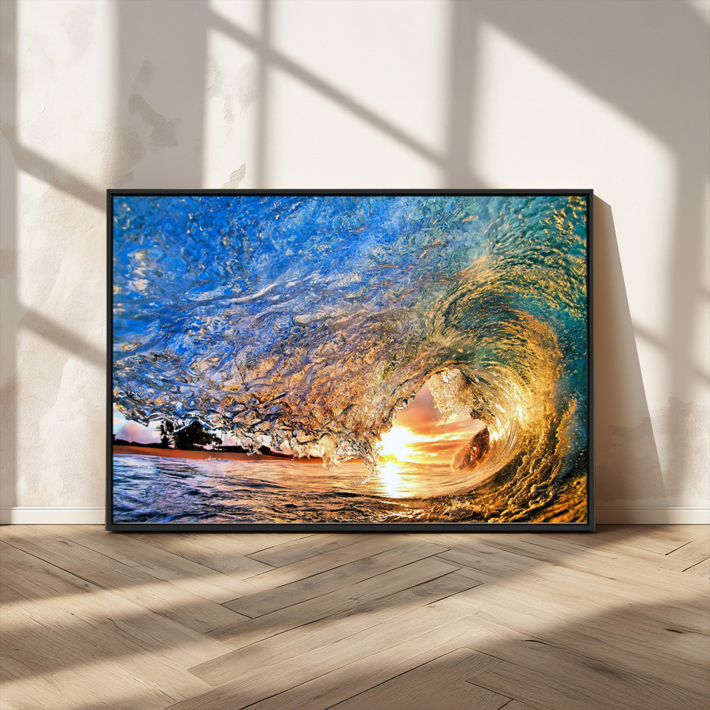 MGV-FC-36X24 - Ocean Wave at Sunset Canvas Wall Art – Vibrant Coastal Beach Waves Print, Large Nautical Decor,
