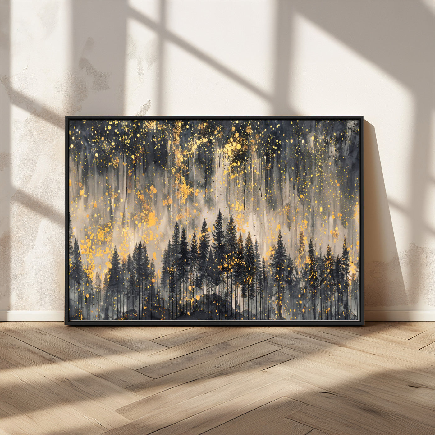 MGV-FC-36X24 - Golden Forest Abstract Wall Art | Dark Forest with Gold Splatter Accents | Triptych Ready to Hang