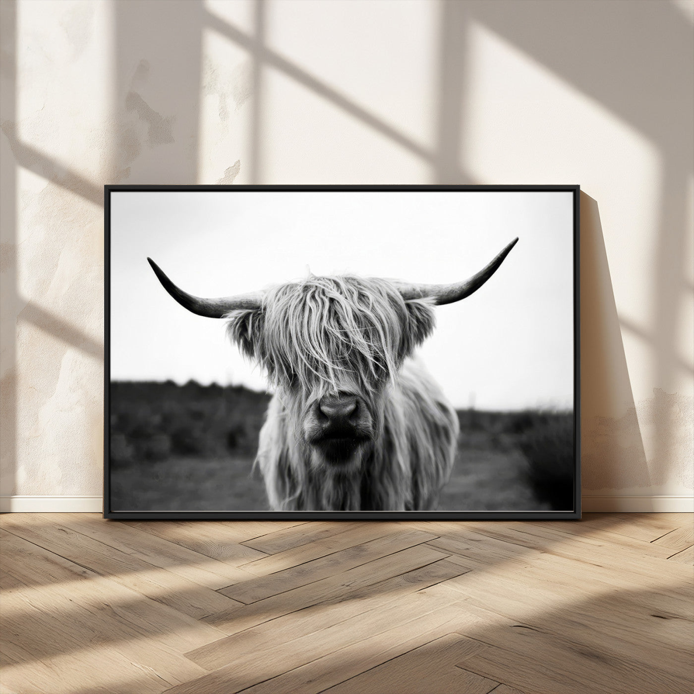 MGV-FC-36X24 - Highland Cow Wall Art | Black and White Farmhouse Decor | Triptych Canvas Print | Rustic Barn Decor