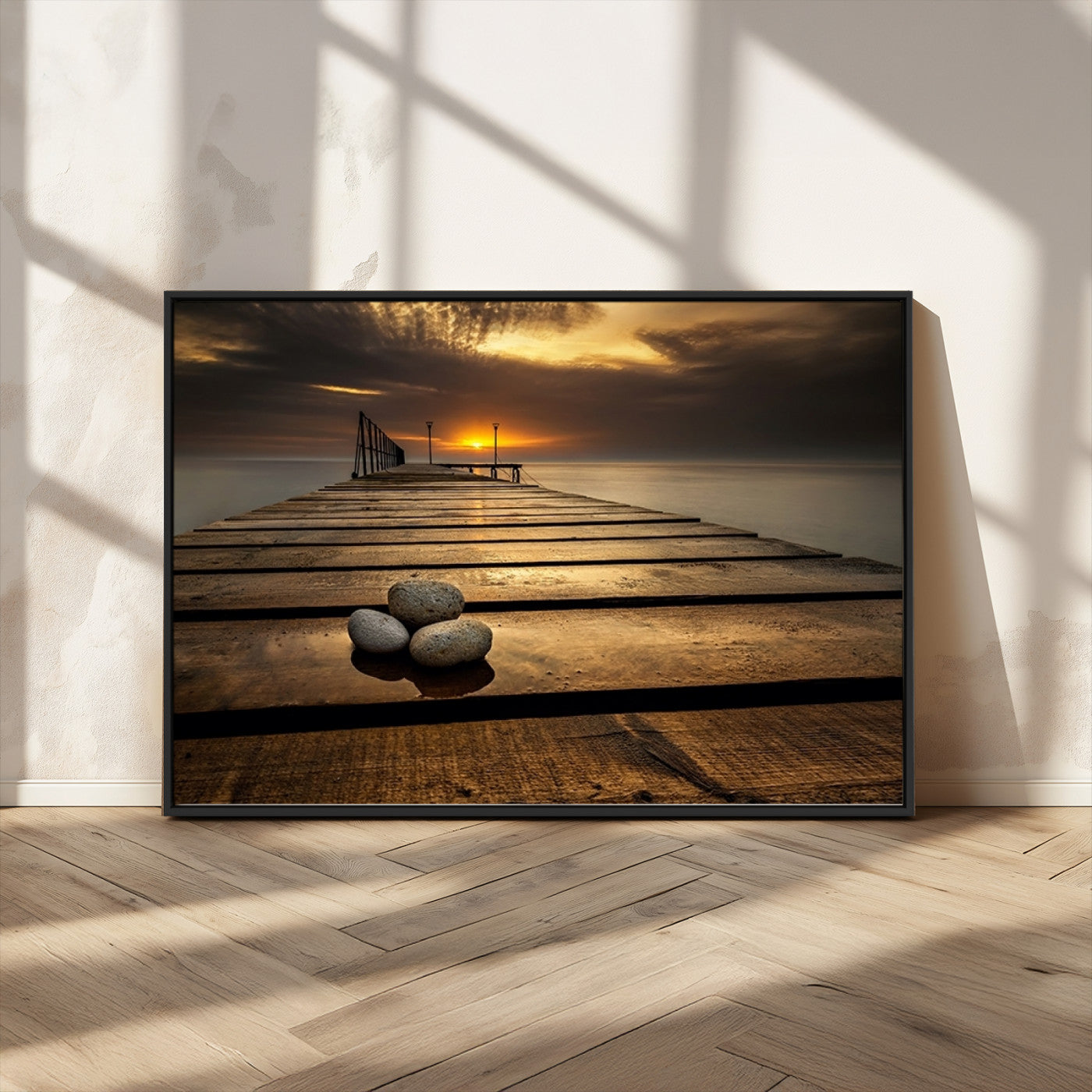 MGV-FC-36X24 - Stones on Wooden Pier at Sunset Canvas Print, Serene Coastal Wall Art, Beach Sunset Photography,