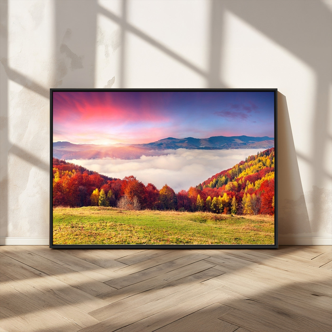 MGV-FC-36X24 - Autumn Mountain Foggy Landscape Wall Art Canvas Print | Beautiful Forest Canvas Print | Misty