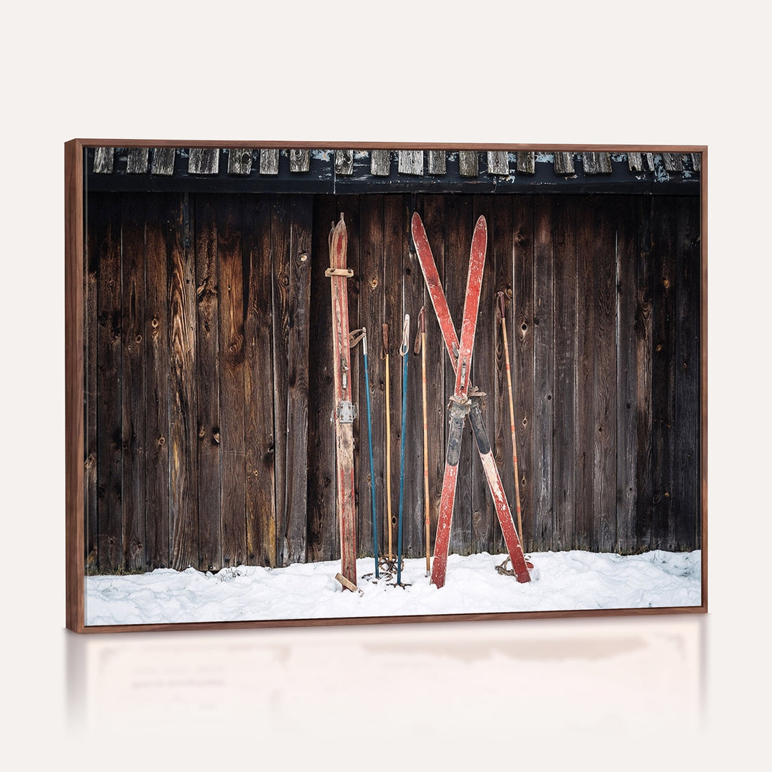 Vintage Ski Gear Canvas Print, Vintage Ski Gear Against Wooden Cabin Wall