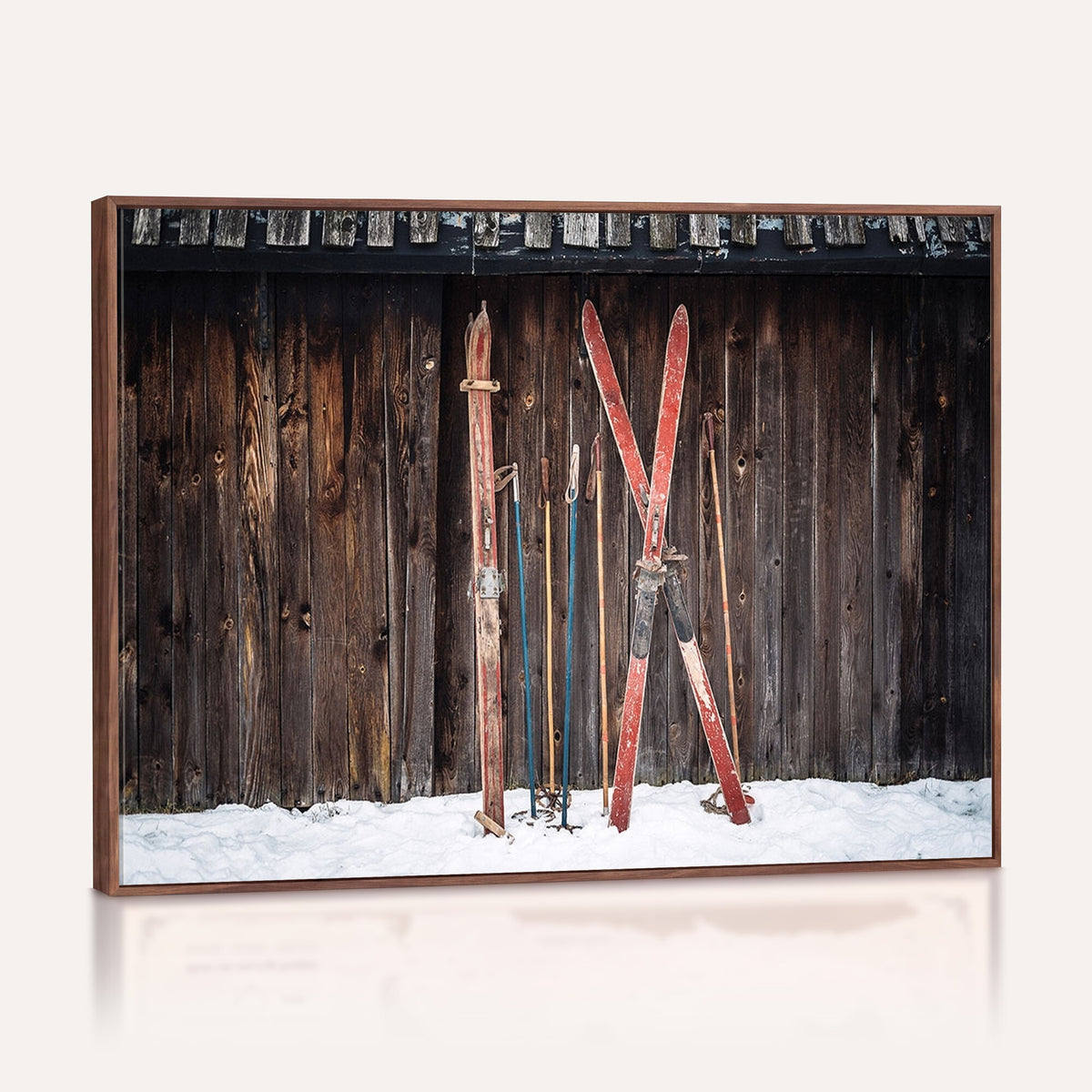 78590-MGV-CV-36X24 - Vintage Ski Gear Canvas Print, Vintage Ski Gear Against Wooden Cabin Wall