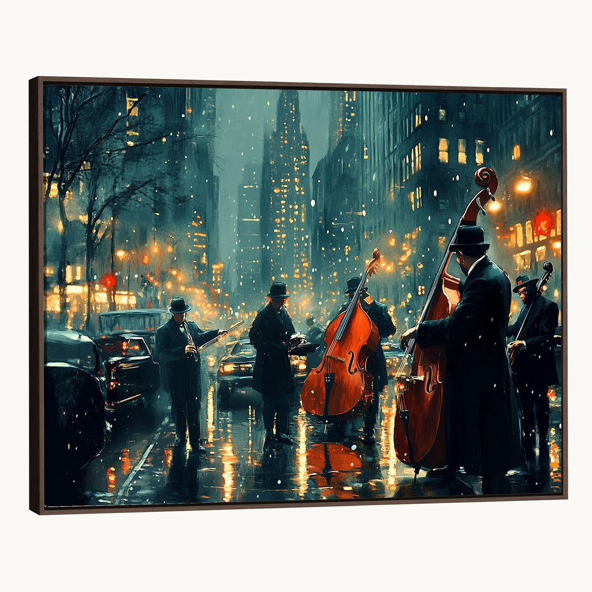 53391-MGV-CV-24X16 - Urban Night Jazz Wall Art Canvas Print | Moody Rain Soaked City Street Band Scene