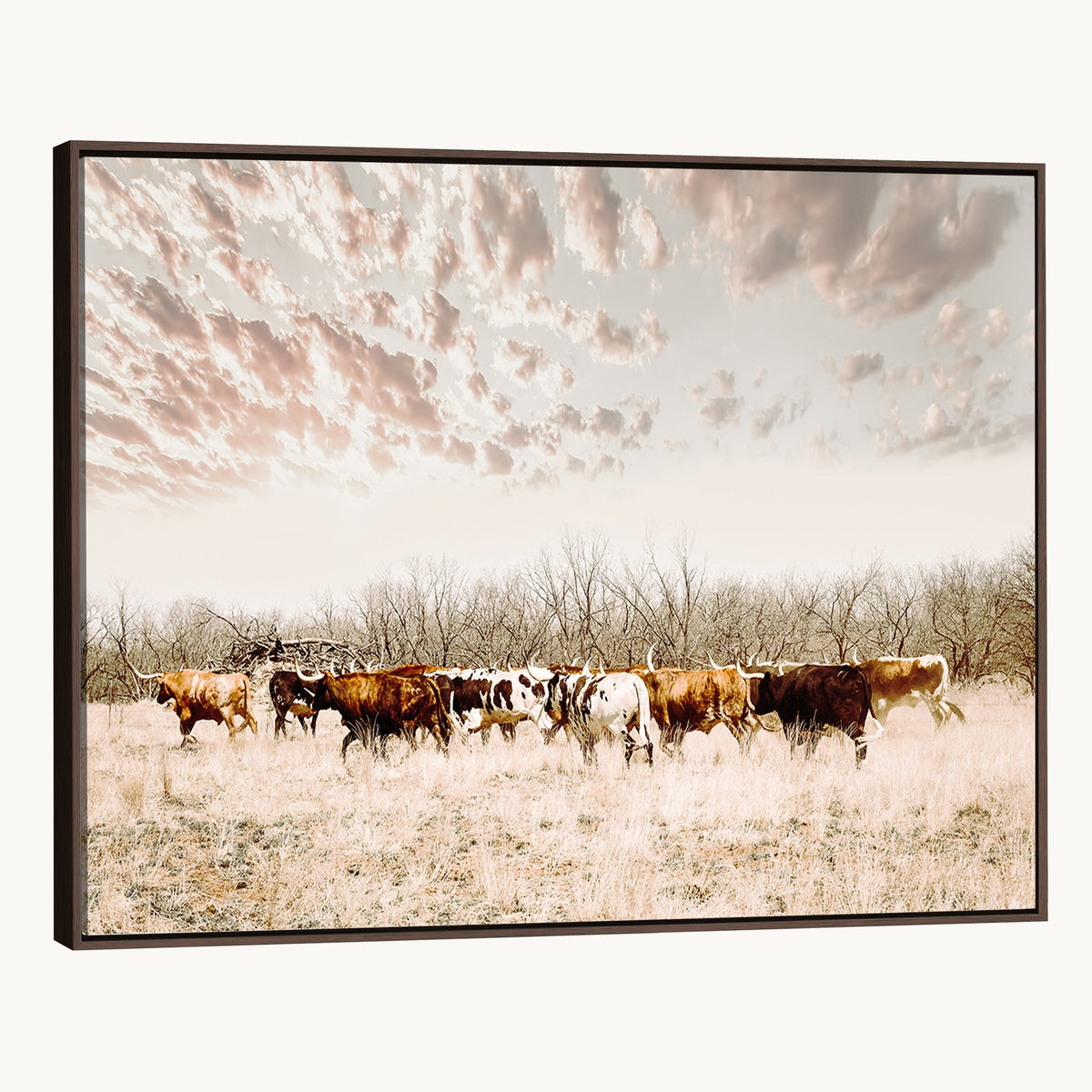 64892775-MGV-CV-24X16 - Longhorn Cattle Wall Art Canvas Print, Framed Texas Ranch Art, Western Cow Print, Prairie Landscape Decor