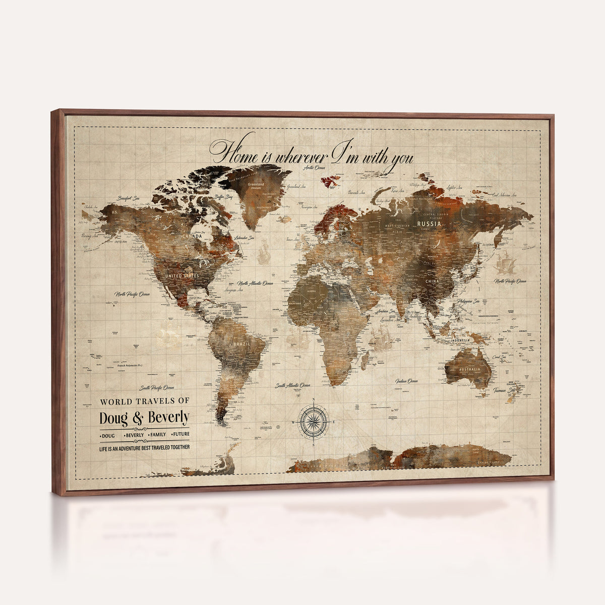 94399474-MGV-CV-36X24 - Large Custom Framed Beige Vintage World Travel Map Wall Art with Pins, Couples Countries Visited Map, Living Room and Hallway Decor