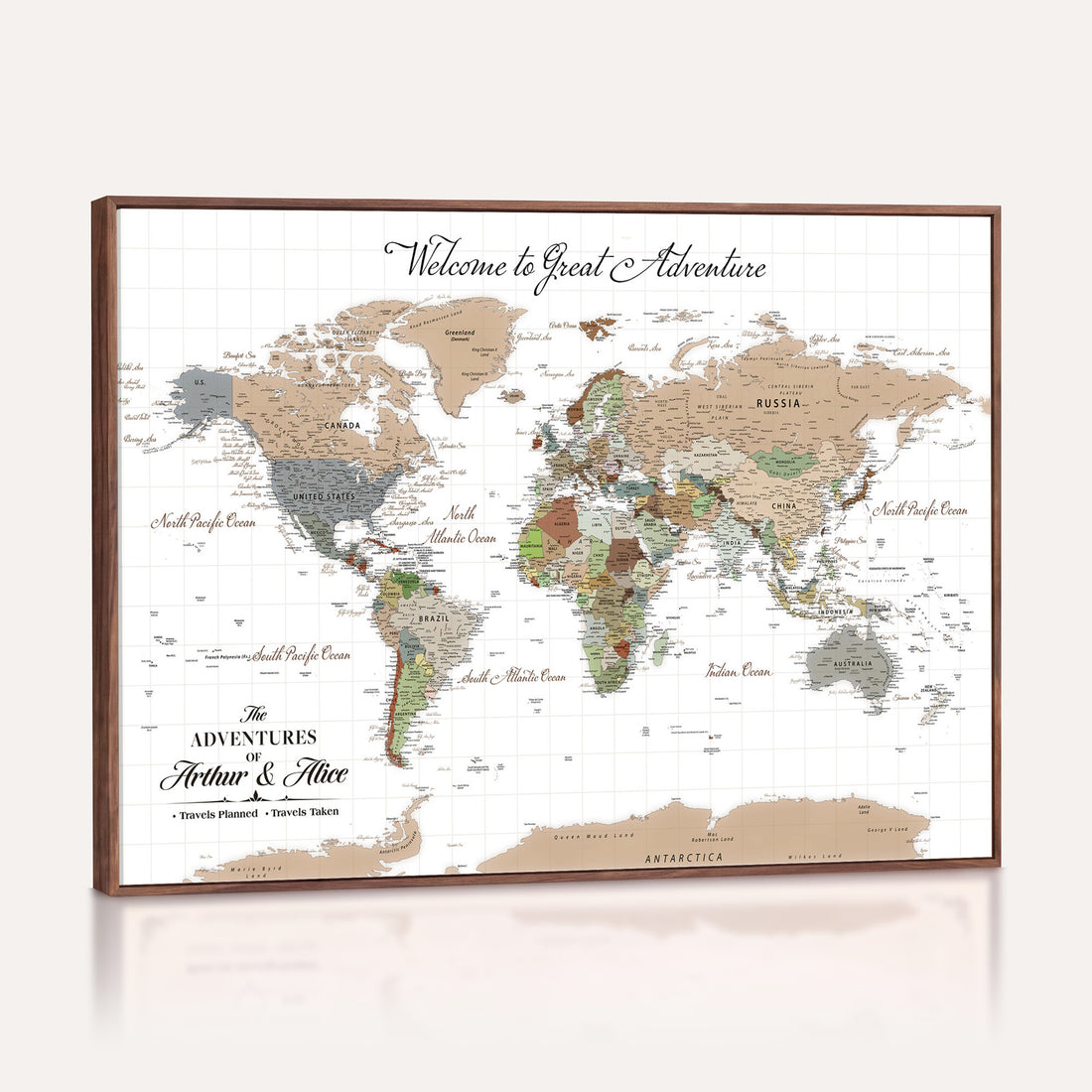 Custom Beige Push Pin World Map Wall Art, Bucket List Map, Study and Hallway Decor