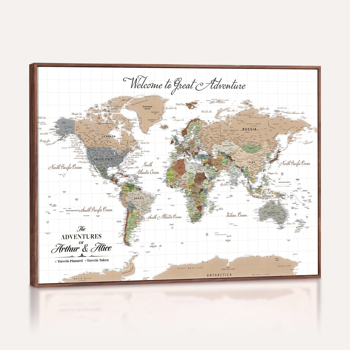 85396539-MGV-CV-36X24 - Custom Beige Push Pin World Map Wall Art, Bucket List Map, Study and Hallway Decor