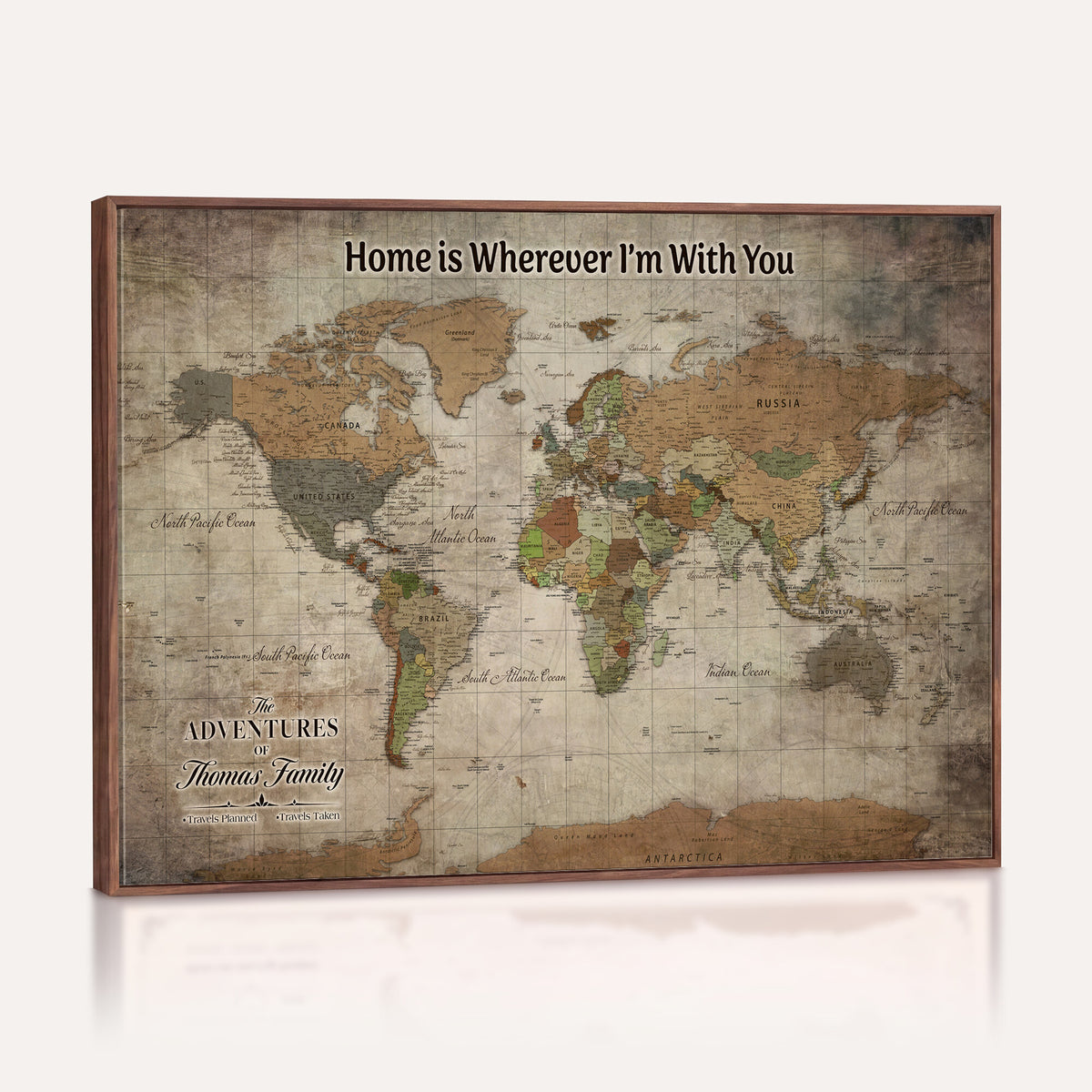 22593671-MGV-CV-36X24 - Personalized Beige Geometric World Map Canvas with Push Pins, Next Trip Planner Map, Study and Entryway Decor