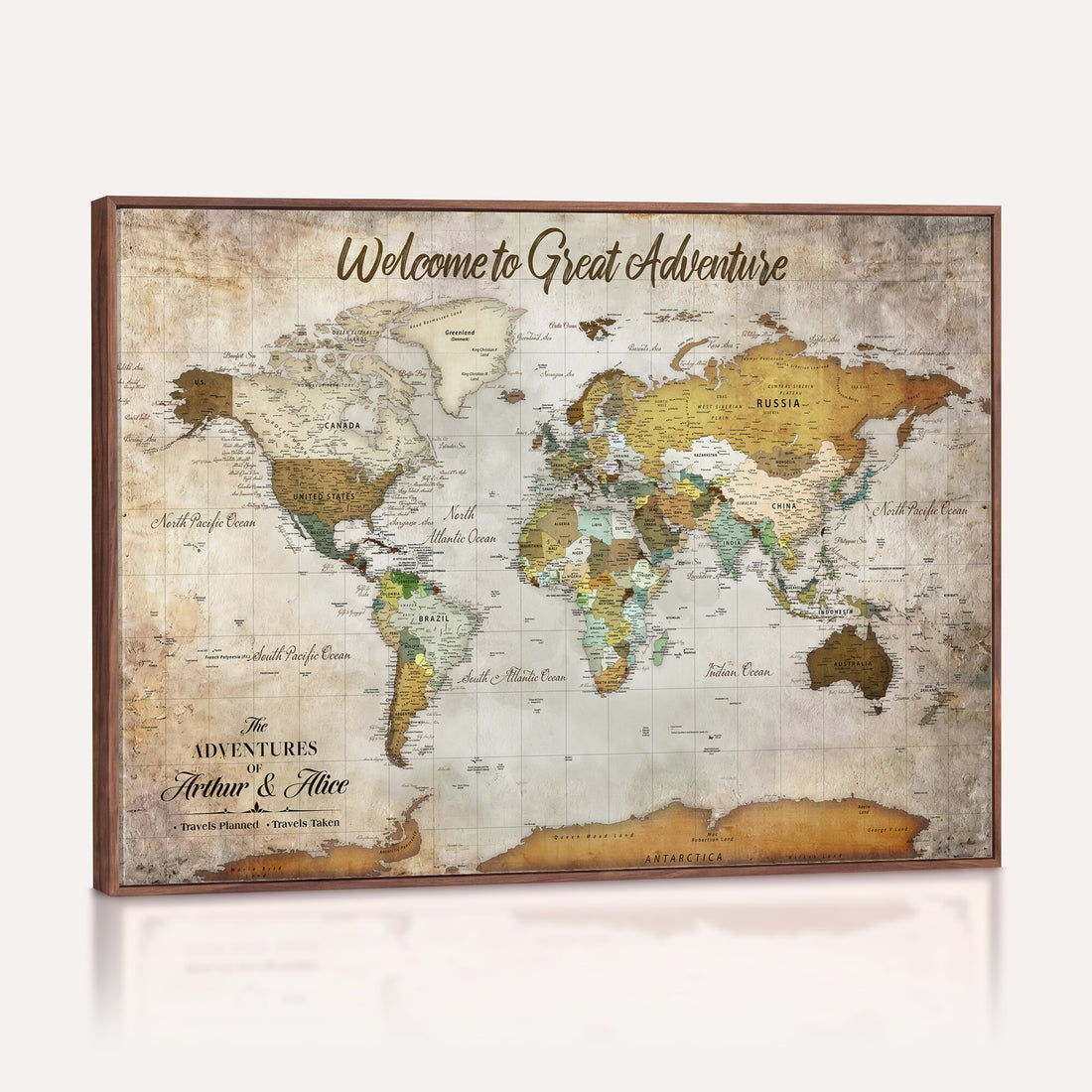 Personalized Beige World Travel Map Wall Art with Pins, Family Travel Tracker, Family Room and Study Decor