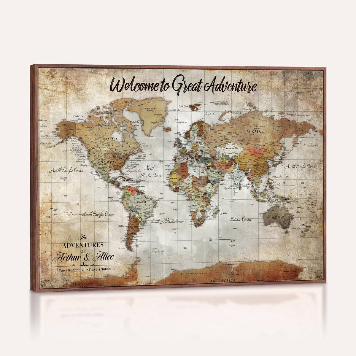 22906161-MGV-CV-36X24 - Personalized Beige Push Pin World Map Wall Art, Bucket List Map, Living Room and Family Room Decor
