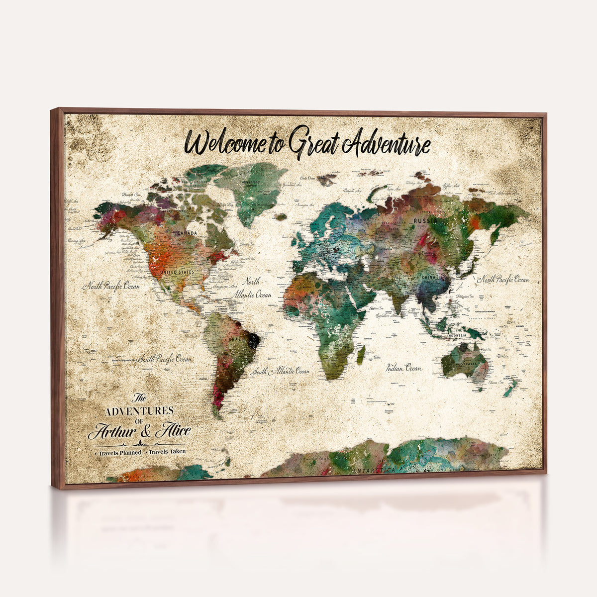 89225601-MGV-CV-36X24 - Personalized Beige Grunge World Map Canvas with Push Pins, Next Trip Planner Map, Family Room and Home Office Decor