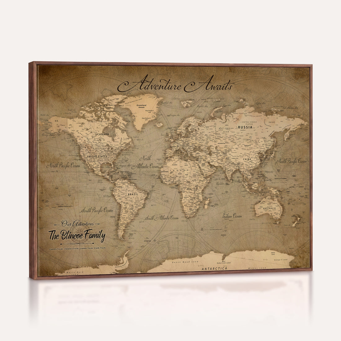 Personalized Framed Beige World Travel Map Wall Art with Pins, Family Travel Tracker, Family Room and Entryway Decor