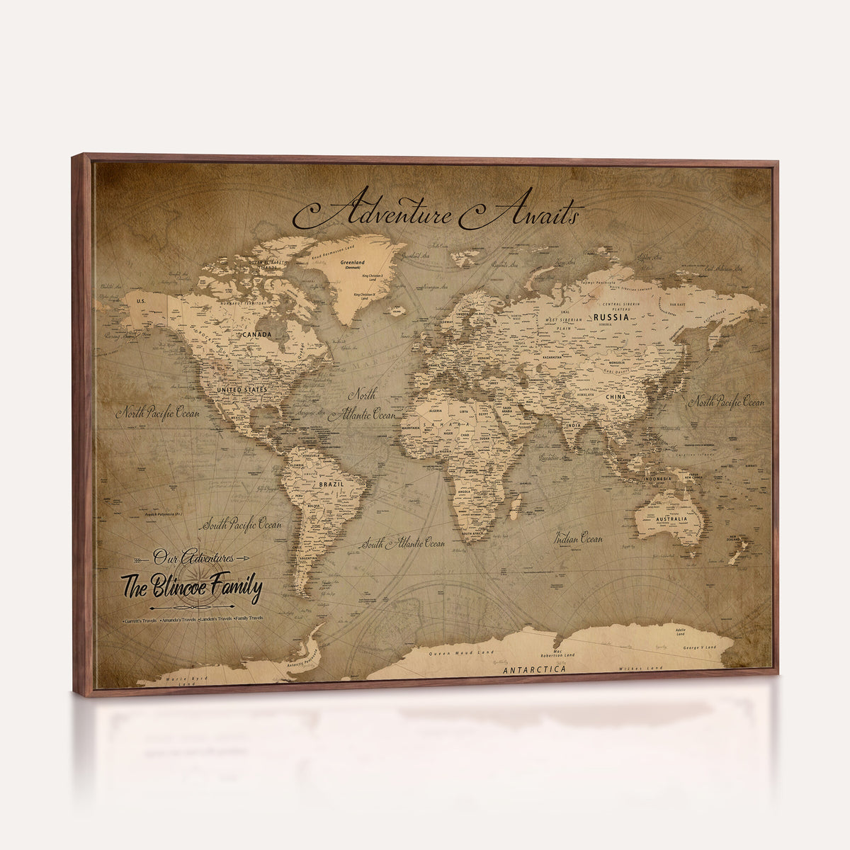 59418012-MGV-CV-36X24 - Personalized Framed Beige World Travel Map Wall Art with Pins, Family Travel Tracker, Family Room and Entryway Decor