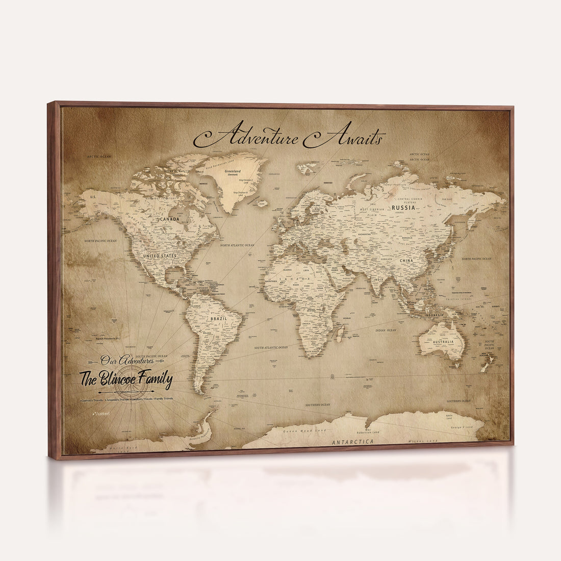 Personalized Black Modern Push Pin World Map Wall Art, Places Visited Tracker, Family Room and Bedroom Decor